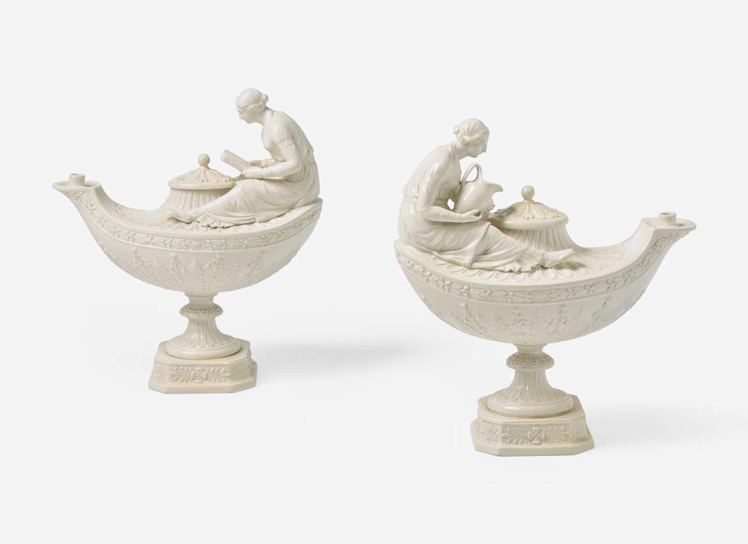 A Pair of Wedgwood Gilded Queensware Vestal Lamps, UK, 19th century