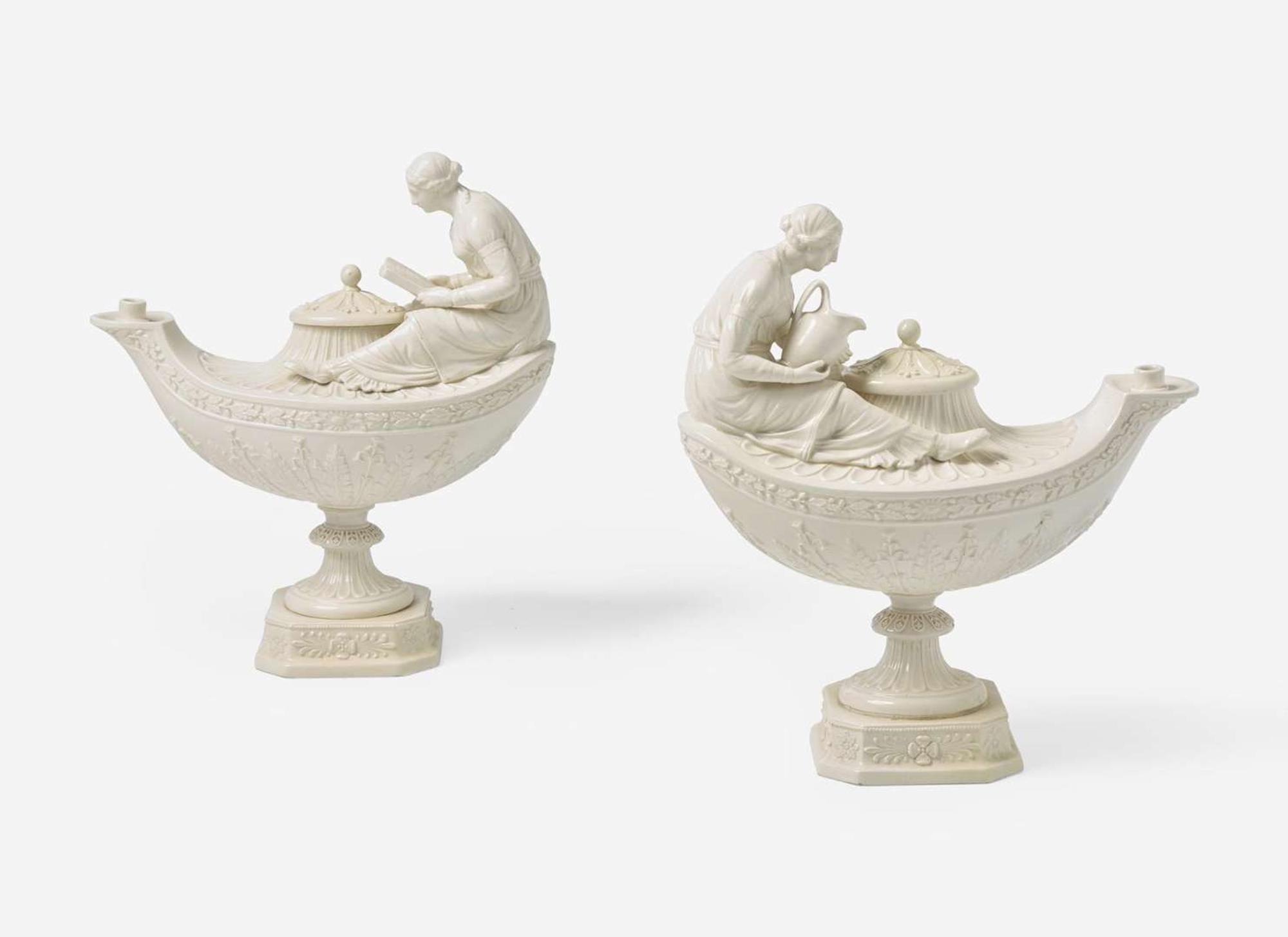 A Pair of Wedgwood Gilded Queensware Vestal Lamps, UK, 19th century