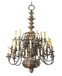 A Dutch Baroque Style Brass Thirty-Light Chandelier, Approximate height 63 x diameter 46 inches.