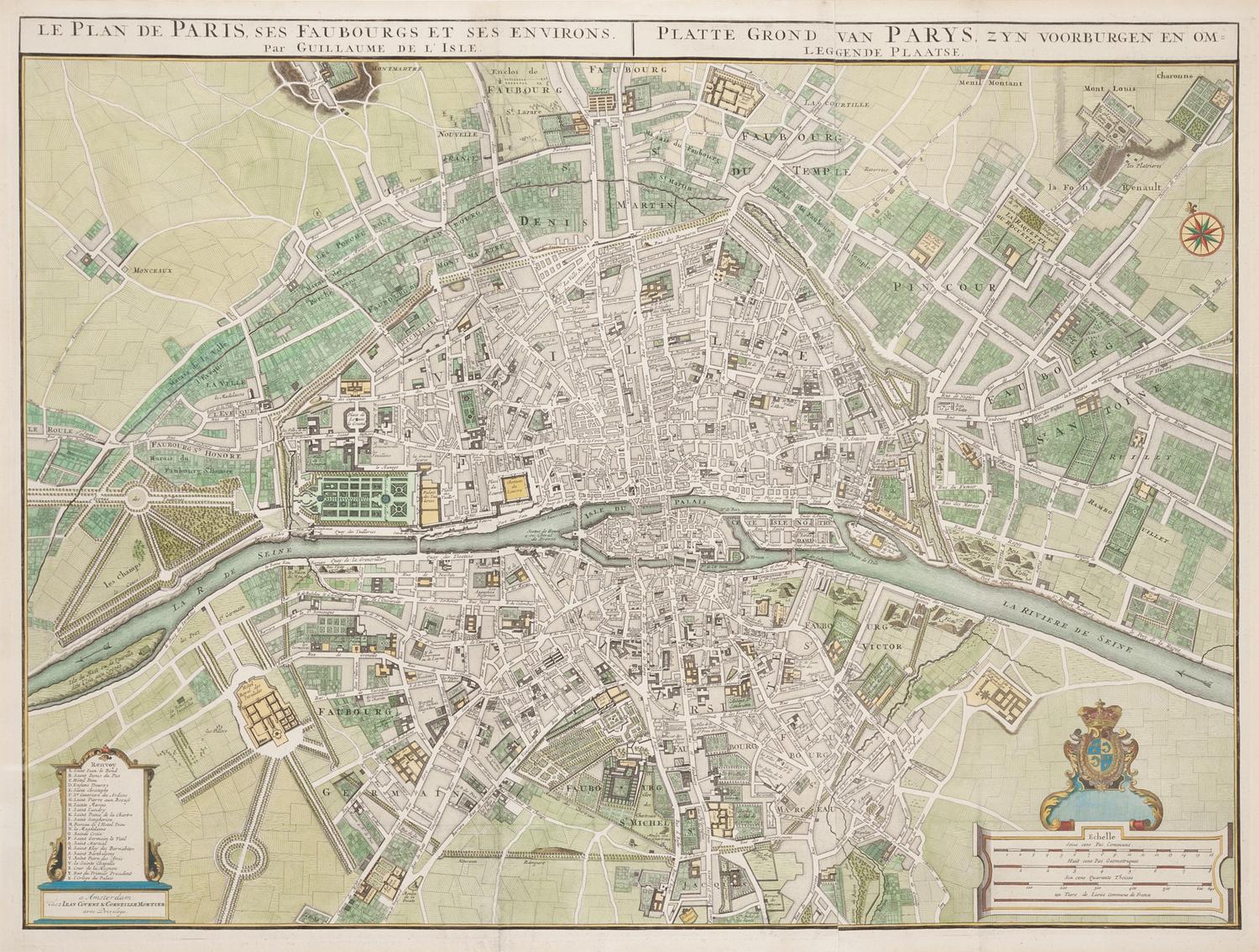 [PARIS] -- DE LISLE, Guillaume (1675-1726). Le Plan de Paris, ses Faubourgs et ses Environs | Platte Grond van Parys, zyn Voorburgen en Omleggende Plaatse . Amsterdam: Covens & Mortier, ca 1730.