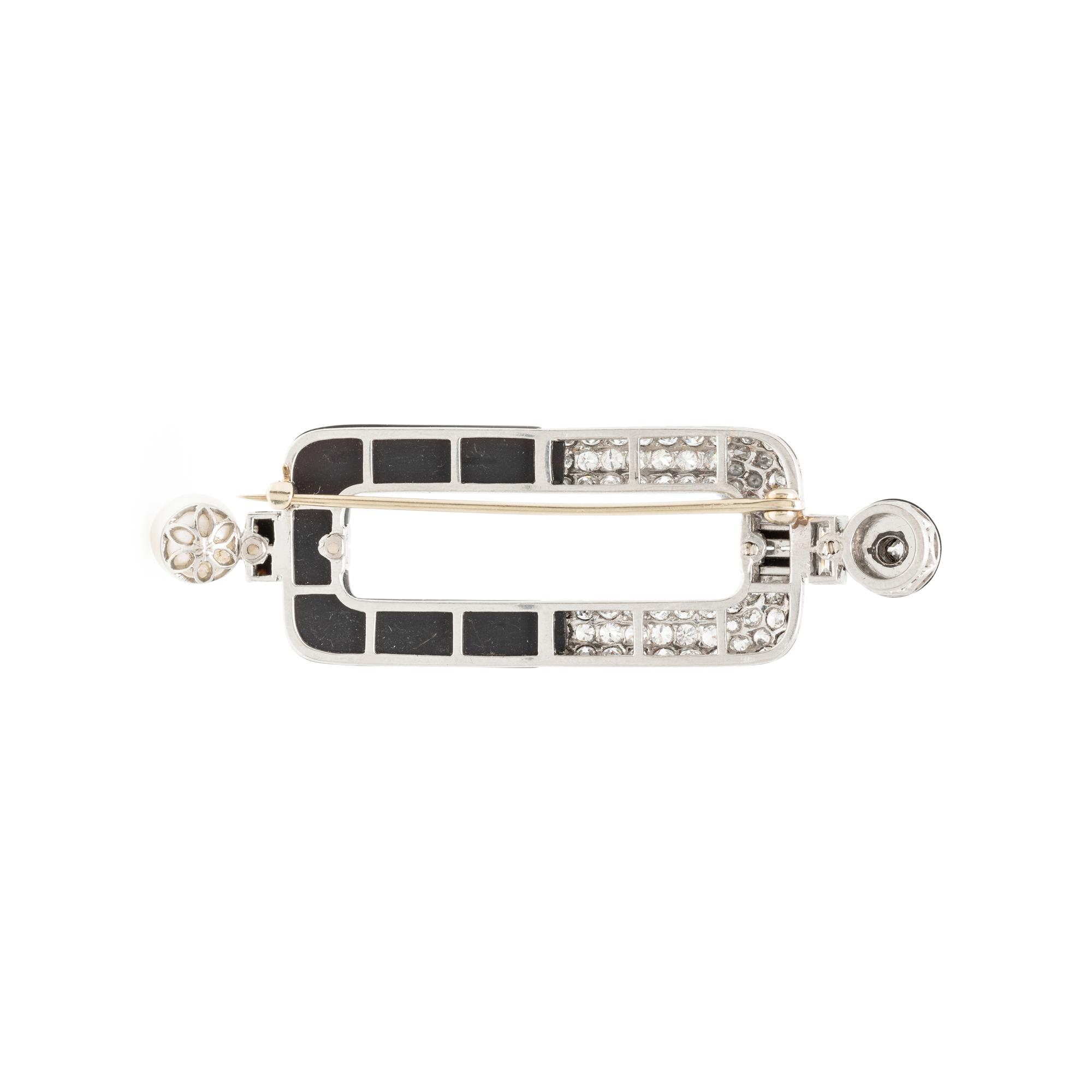 DIAMOND, ONYX, AND CULTURED PEARL BROOCH