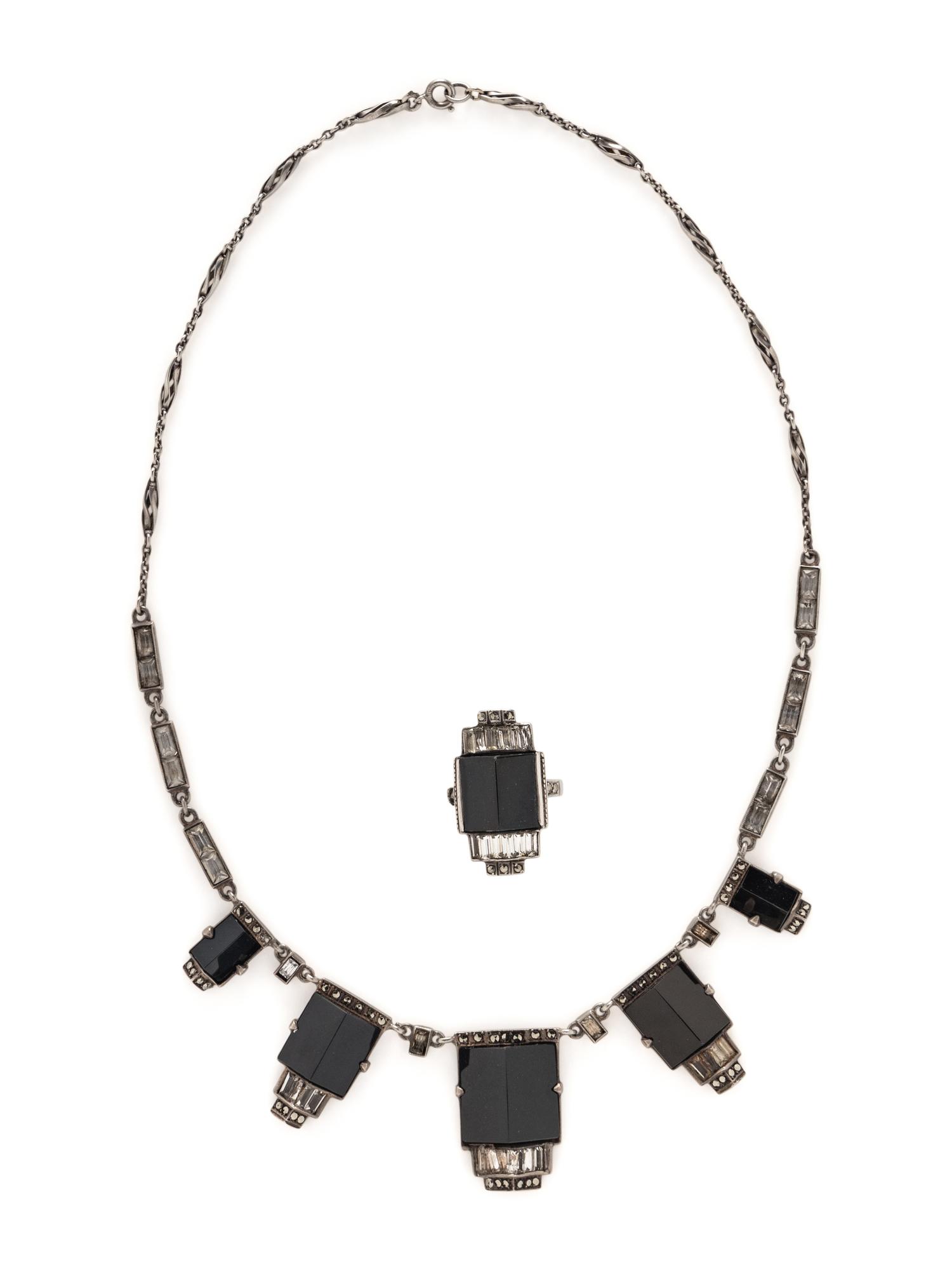 ART DECO, STERLING SILVER AND ONYX JEWELRY SET