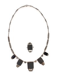 ART DECO, STERLING SILVER AND ONYX JEWELRY SET