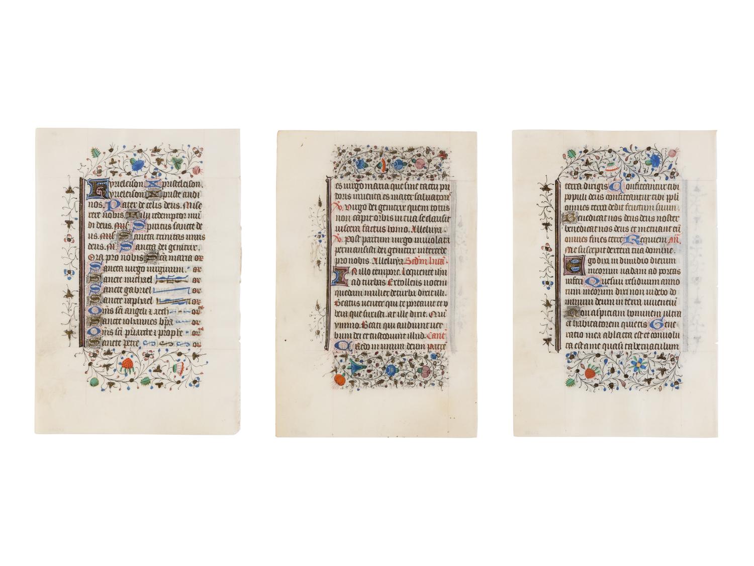 BRUGES WORKSHOP Three leaves from a Book of Hours, Use of Rome, ca. 1460, in Latin, illuminated manuscript on parchment [Southern Netherlands, Bruges, c. 1460]