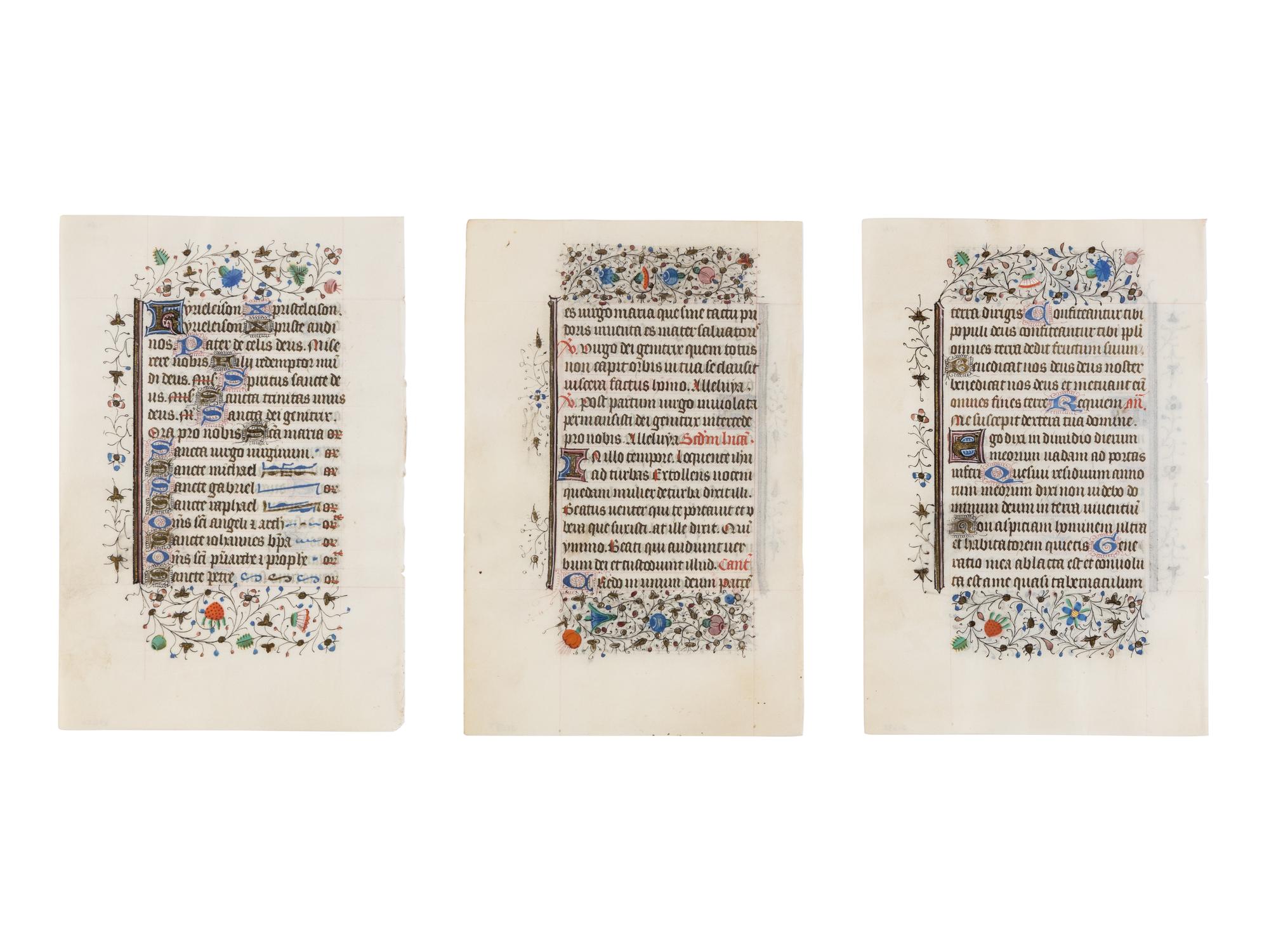 BRUGES WORKSHOP Three leaves from a Book of Hours, Use of Rome, ca. 1460, in Latin, illuminated manuscript on parchment [Southern Netherlands, Bruges, c. 1460]