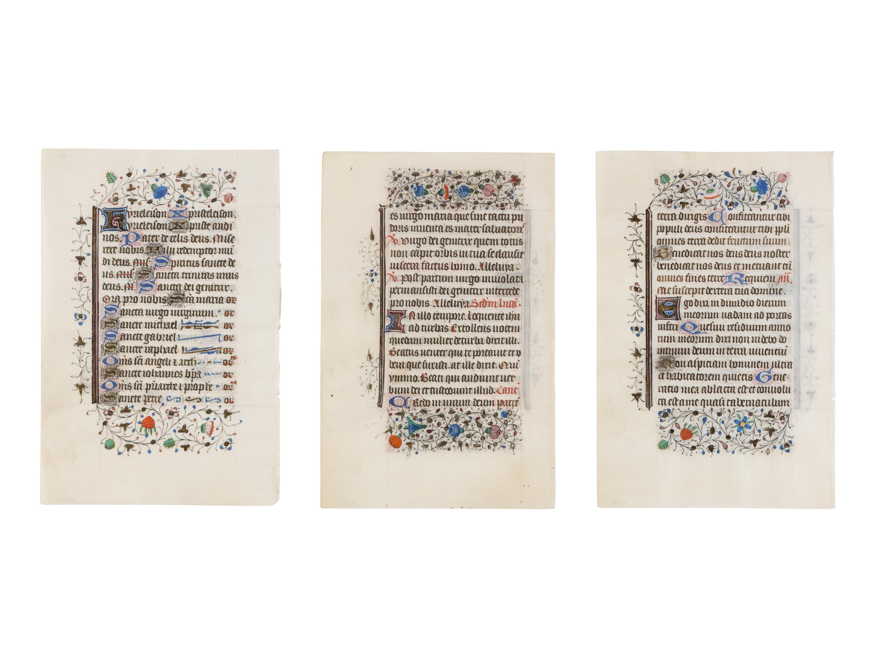 BRUGES WORKSHOP Three leaves from a Book of Hours, Use of Rome, ca. 1460, in Latin, illuminated manuscript on parchment [Southern Netherlands, Bruges, c. 1460]