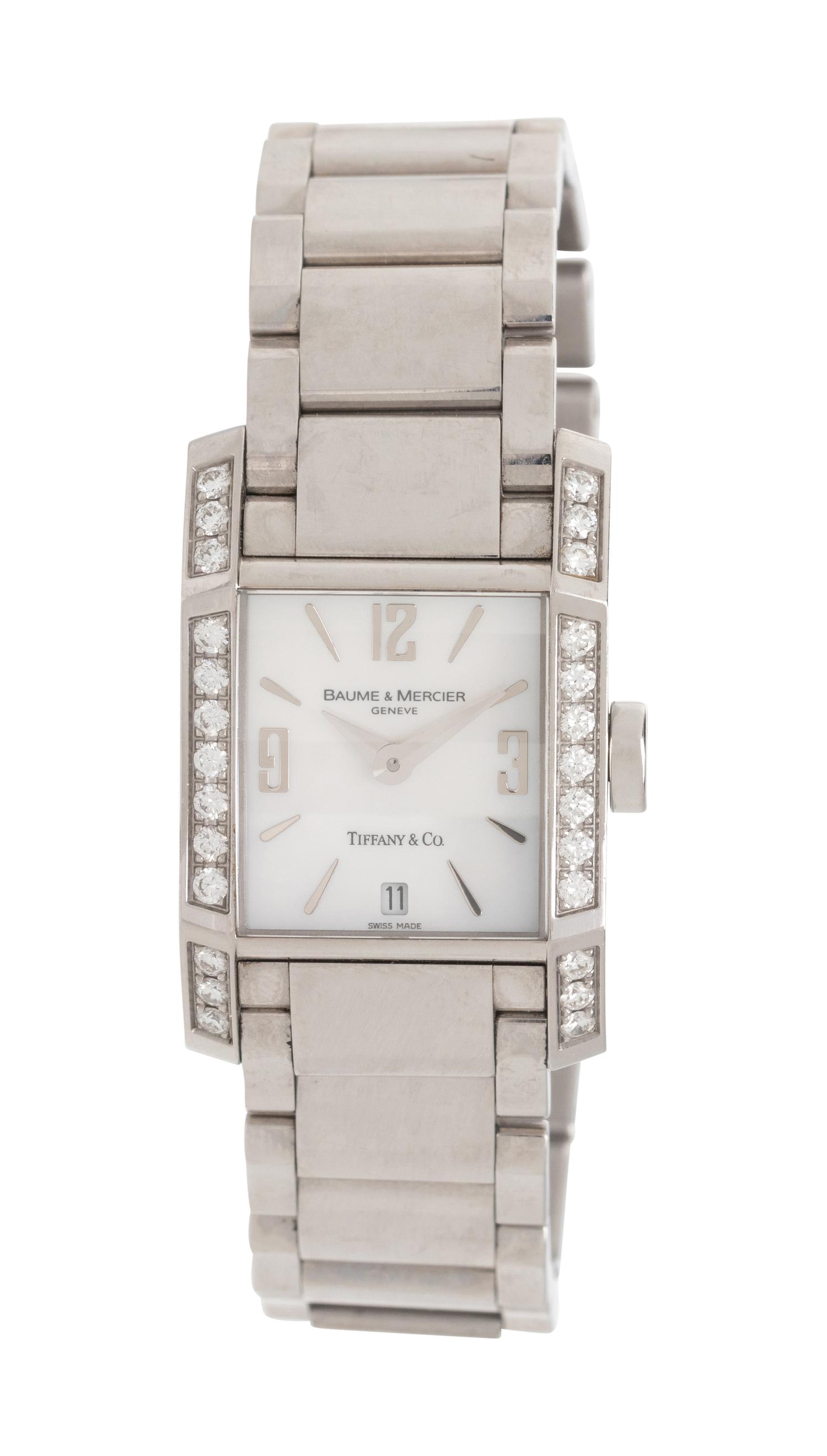 TIFFANY & CO., BAUME & MERCIER, REF. 65522 STAINLESS STEEL AND DIAMOND 'HAMPTON' DATE WATCH