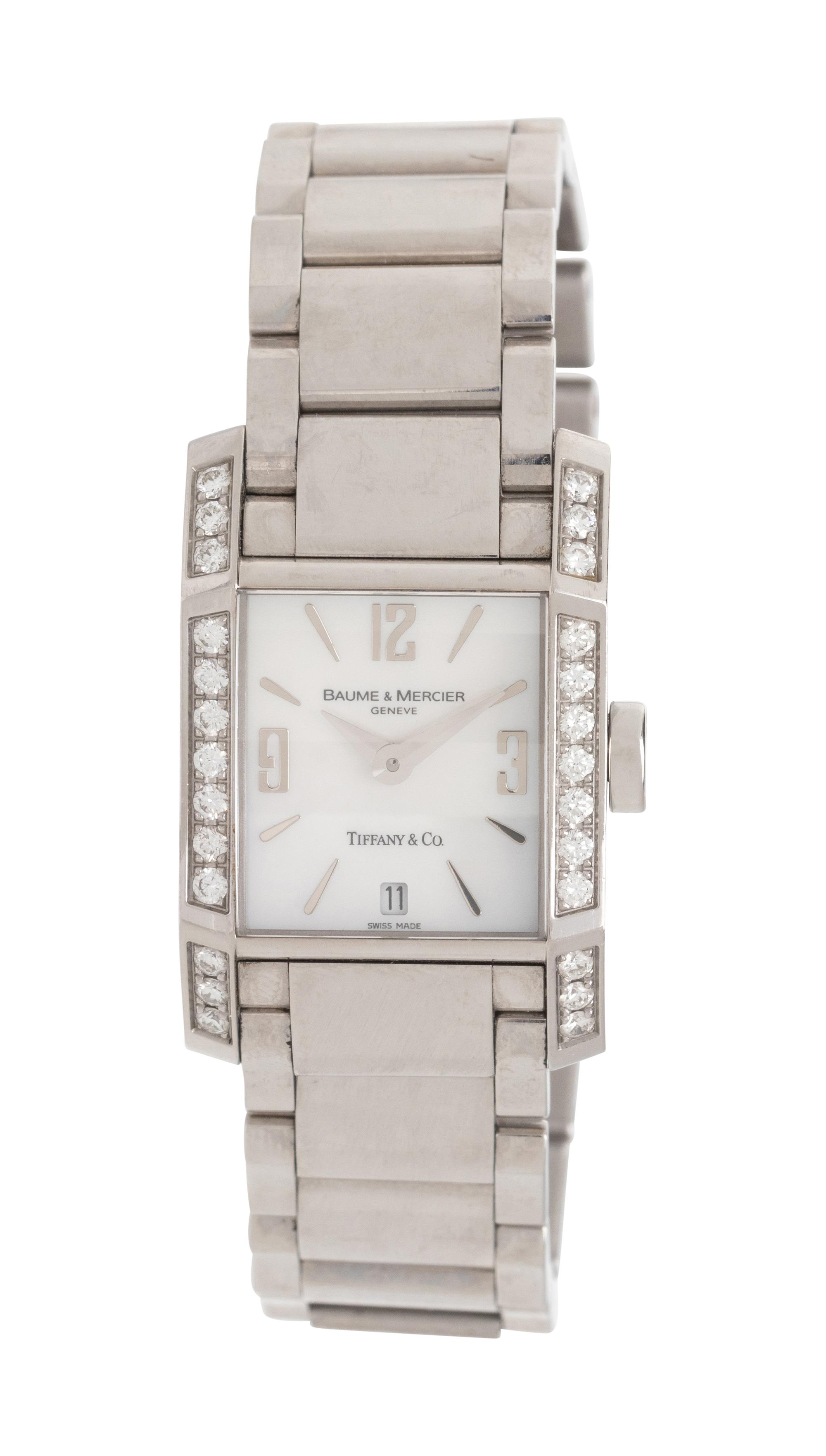TIFFANY & CO., BAUME & MERCIER, REF. 65522 STAINLESS STEEL AND DIAMOND 'HAMPTON' DATE WATCH