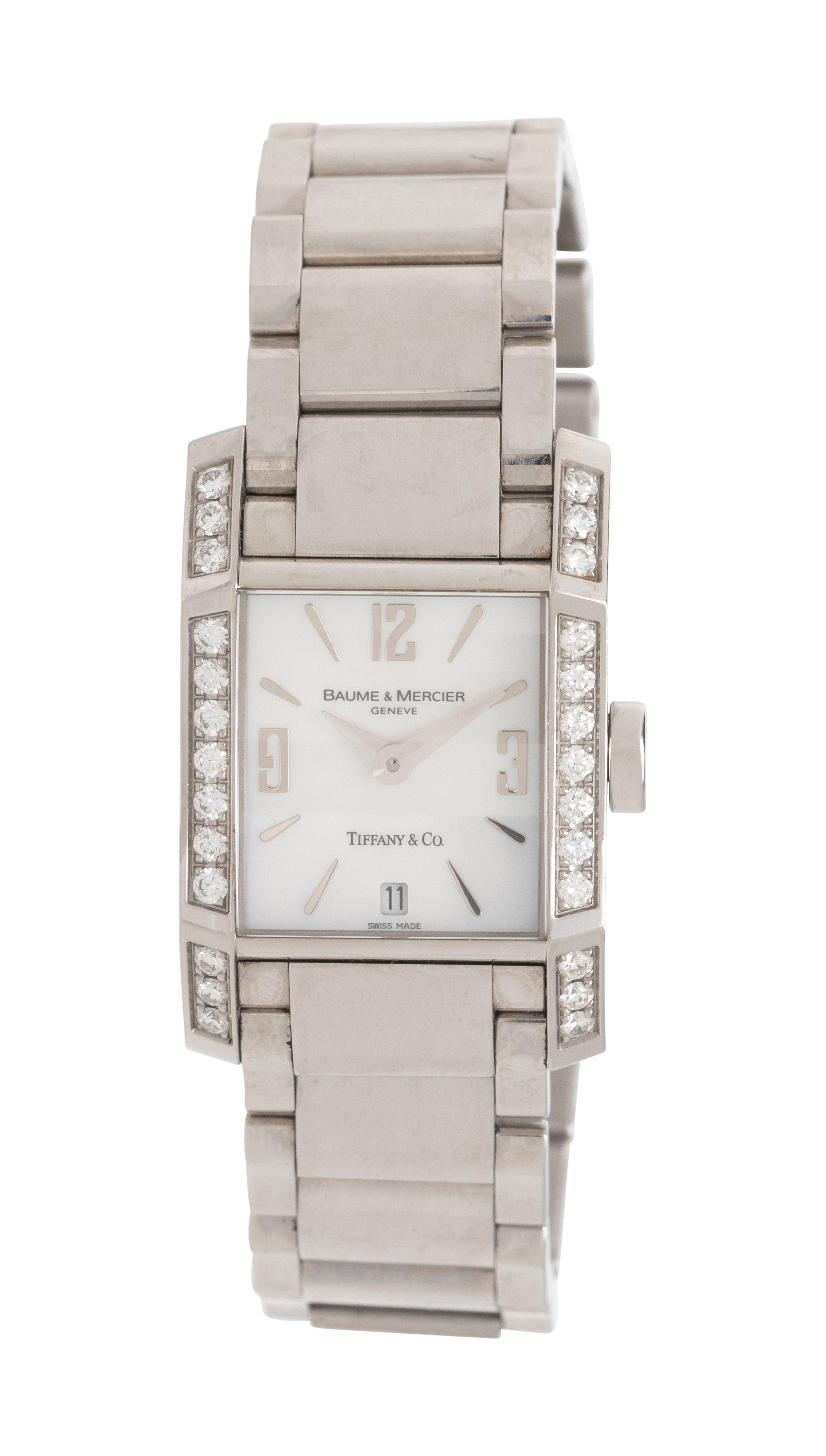 TIFFANY & CO., BAUME & MERCIER, REF. 65522 STAINLESS STEEL AND DIAMOND 'HAMPTON' DATE WATCH