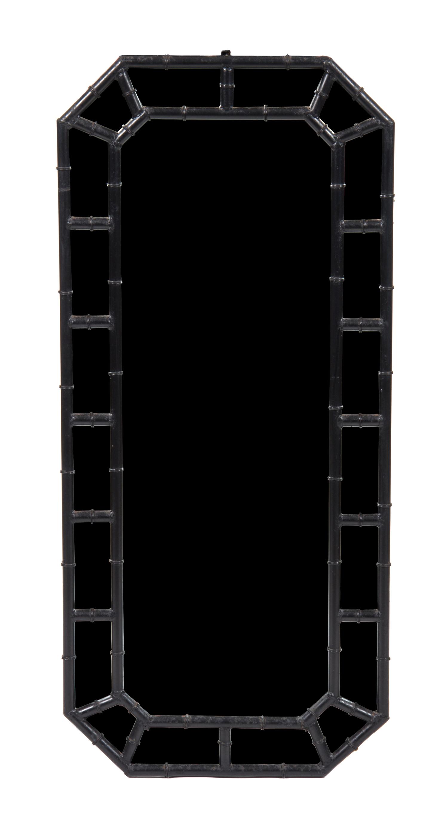 A Black Painted Faux Bamboo Cast Iron Console Table and Mirror Height of console 28 x width 41 x depth 13 inches. — 20TH CENTURY