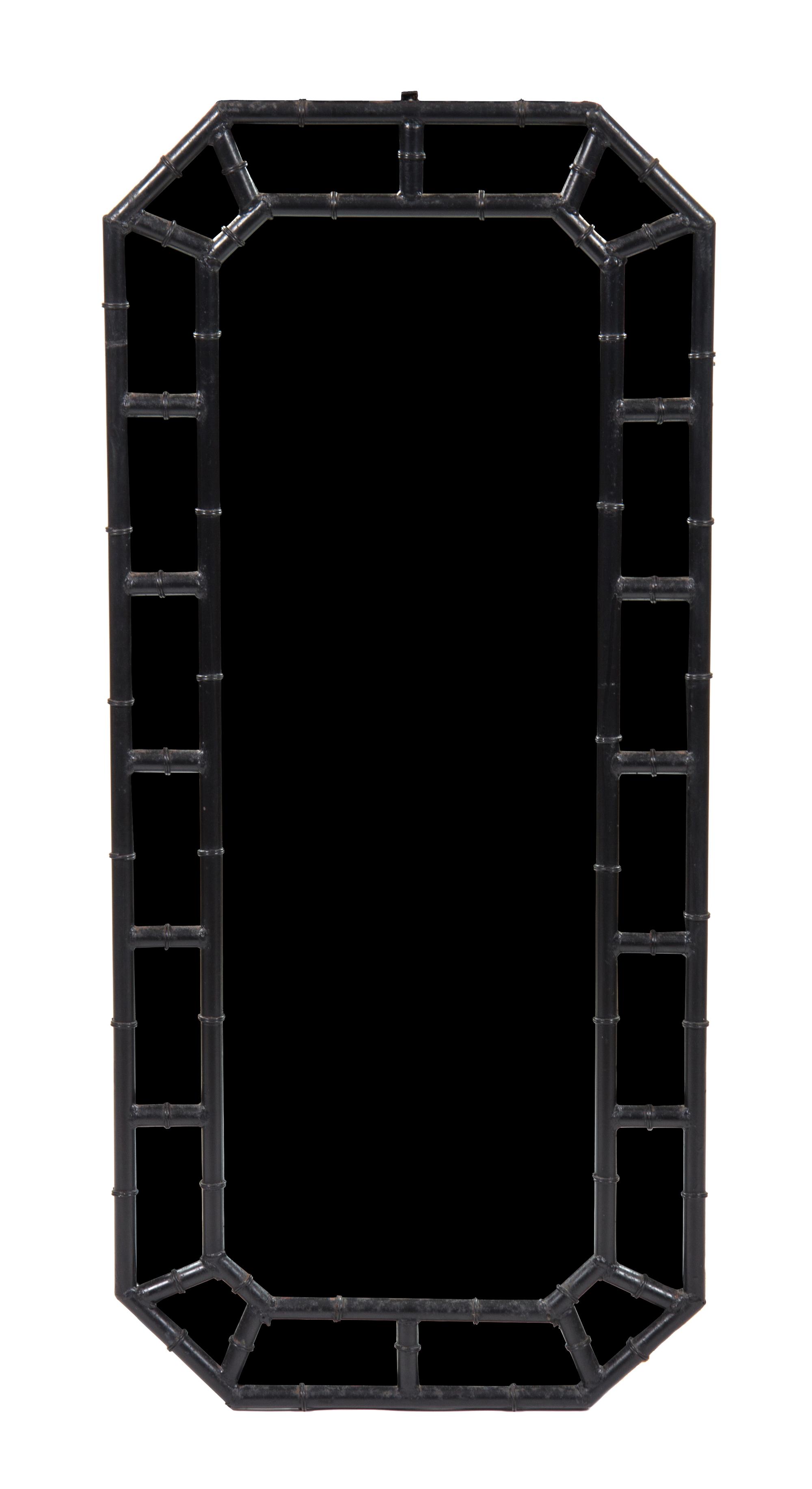 A Black Painted Faux Bamboo Cast Iron Console Table and Mirror Height of console 28 x width 41 x depth 13 inches. — 20TH CENTURY