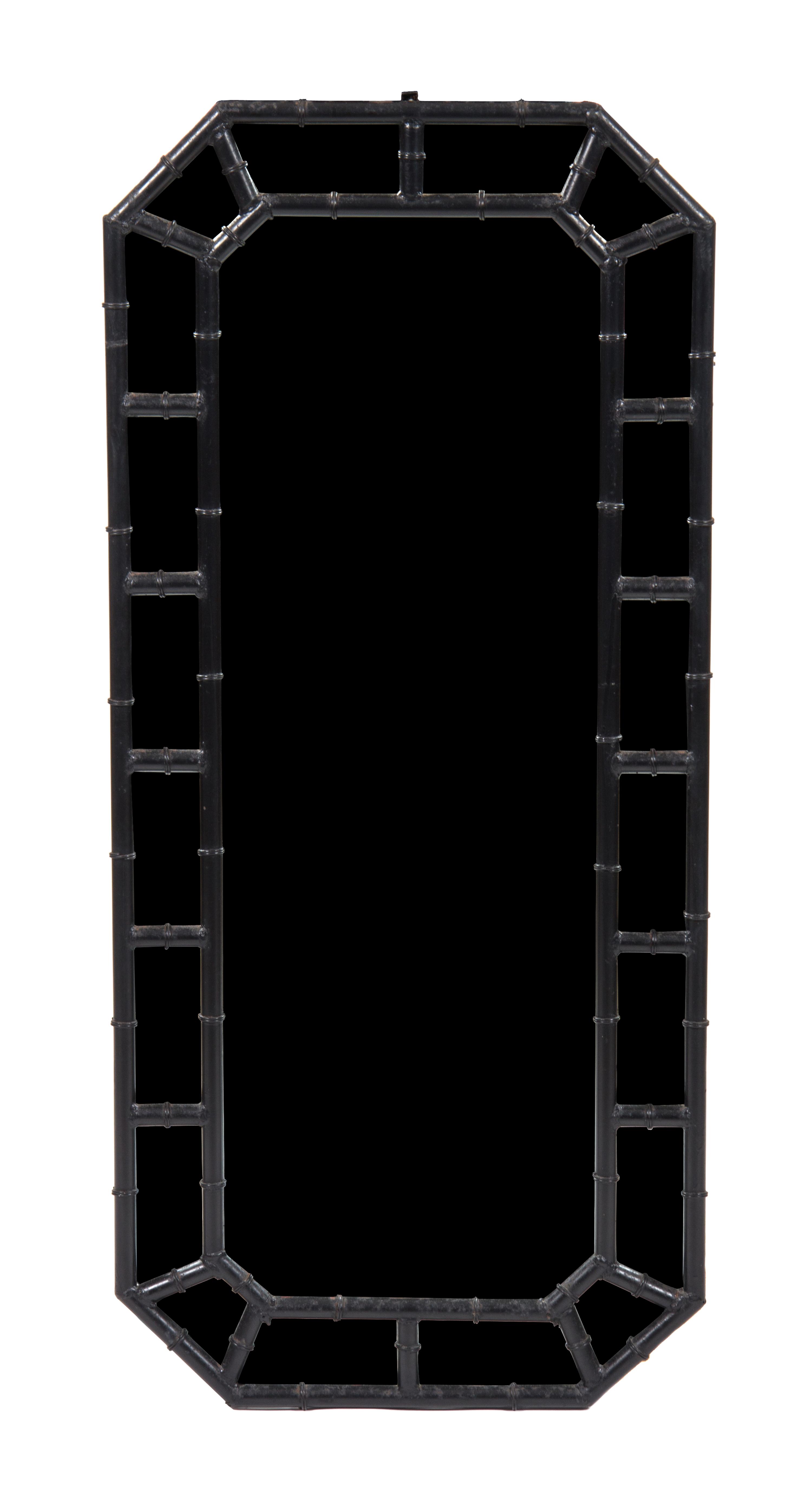 A Black Painted Faux Bamboo Cast Iron Console Table and Mirror Height of console 28 x width 41 x depth 13 inches. — 20TH CENTURY