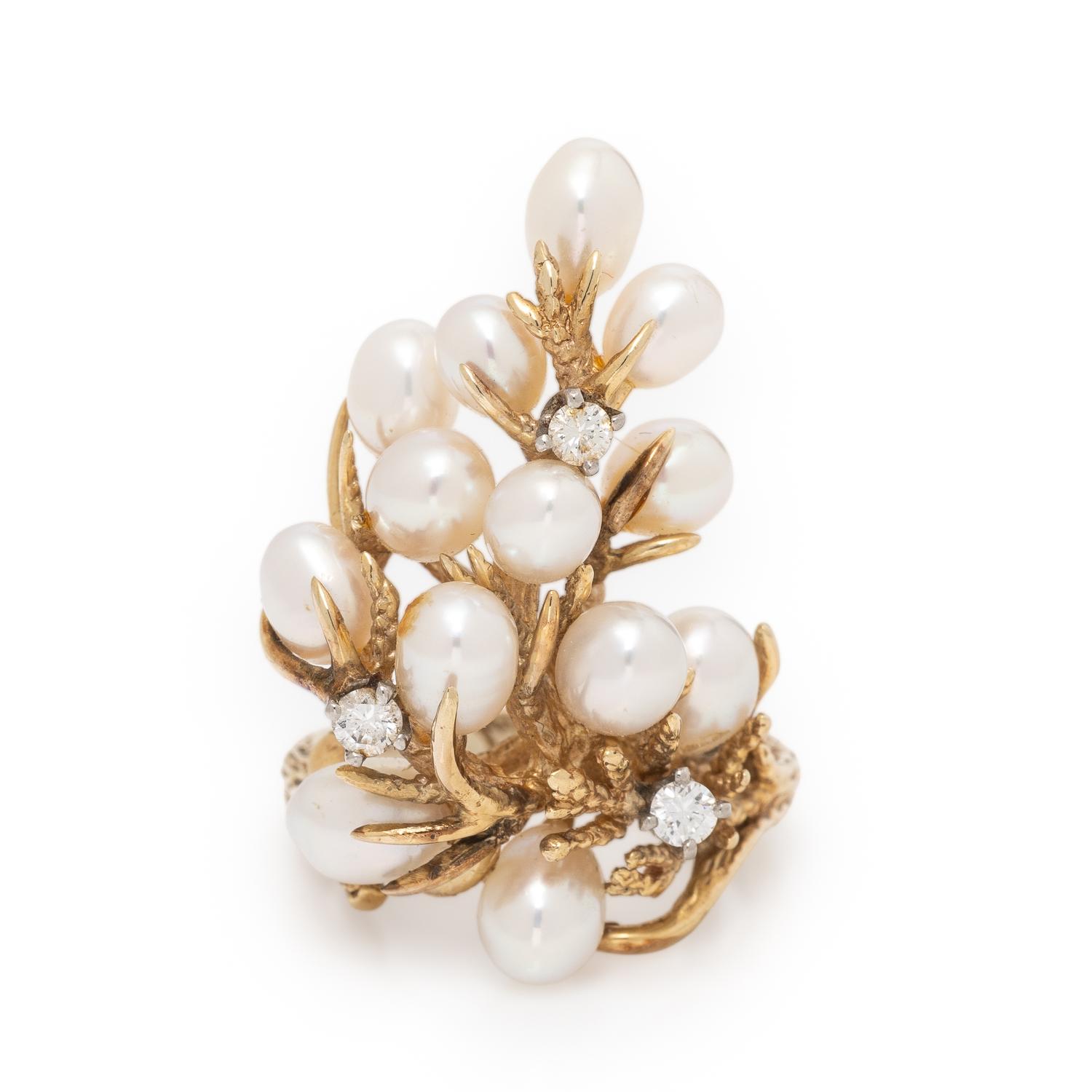 Cultured Pearl, Diamond, and Yellow Gold Foliate Ring
