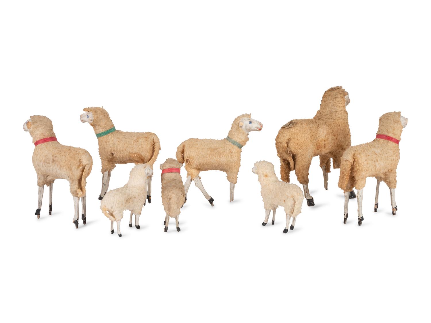 Eight German Wooly Sheep Toys with Stick Legs