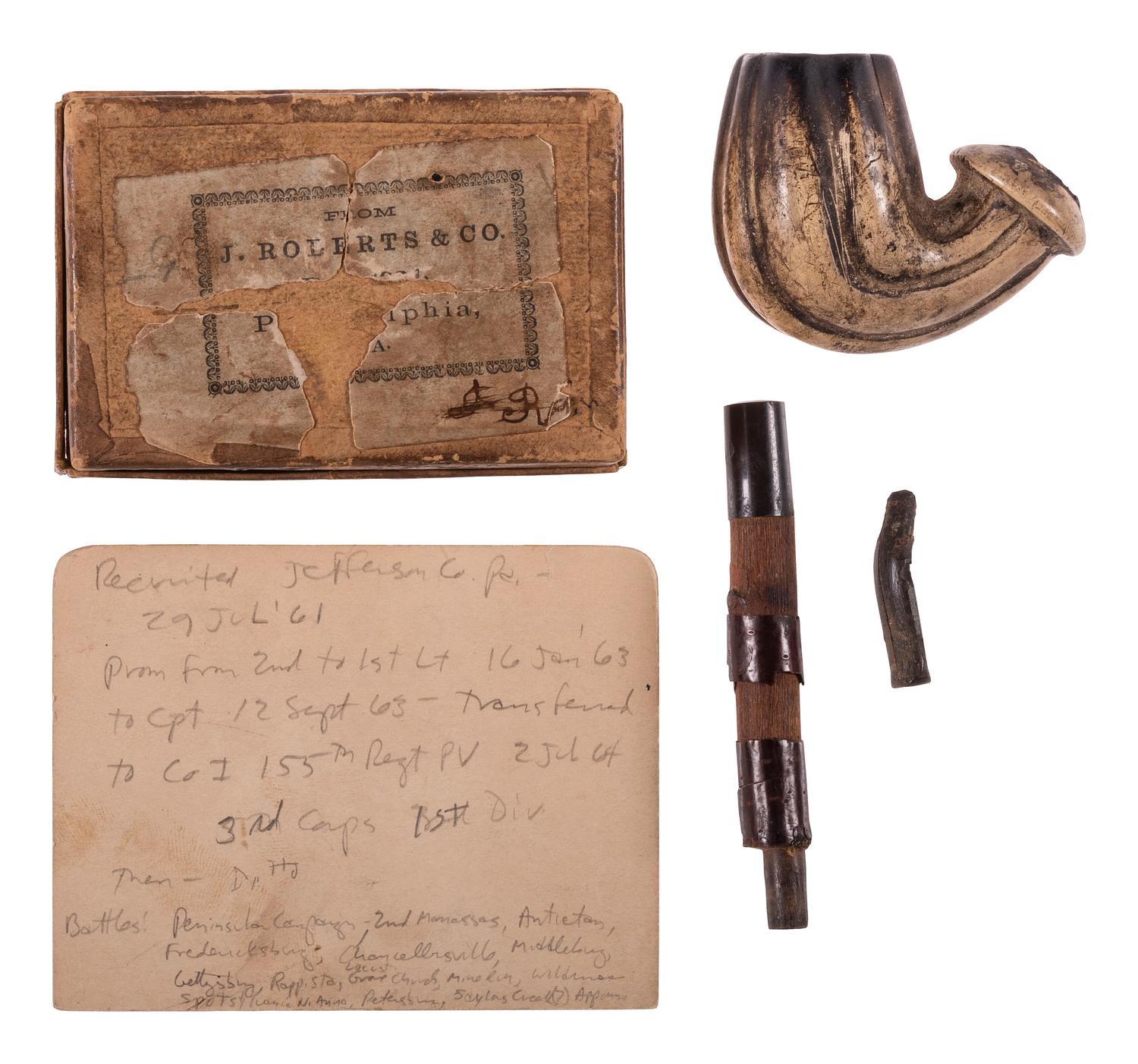 Captain John T. Bell, Company I, 62nd Pennsylvania Infantry Regiment. Clay pipe in original shipping box.