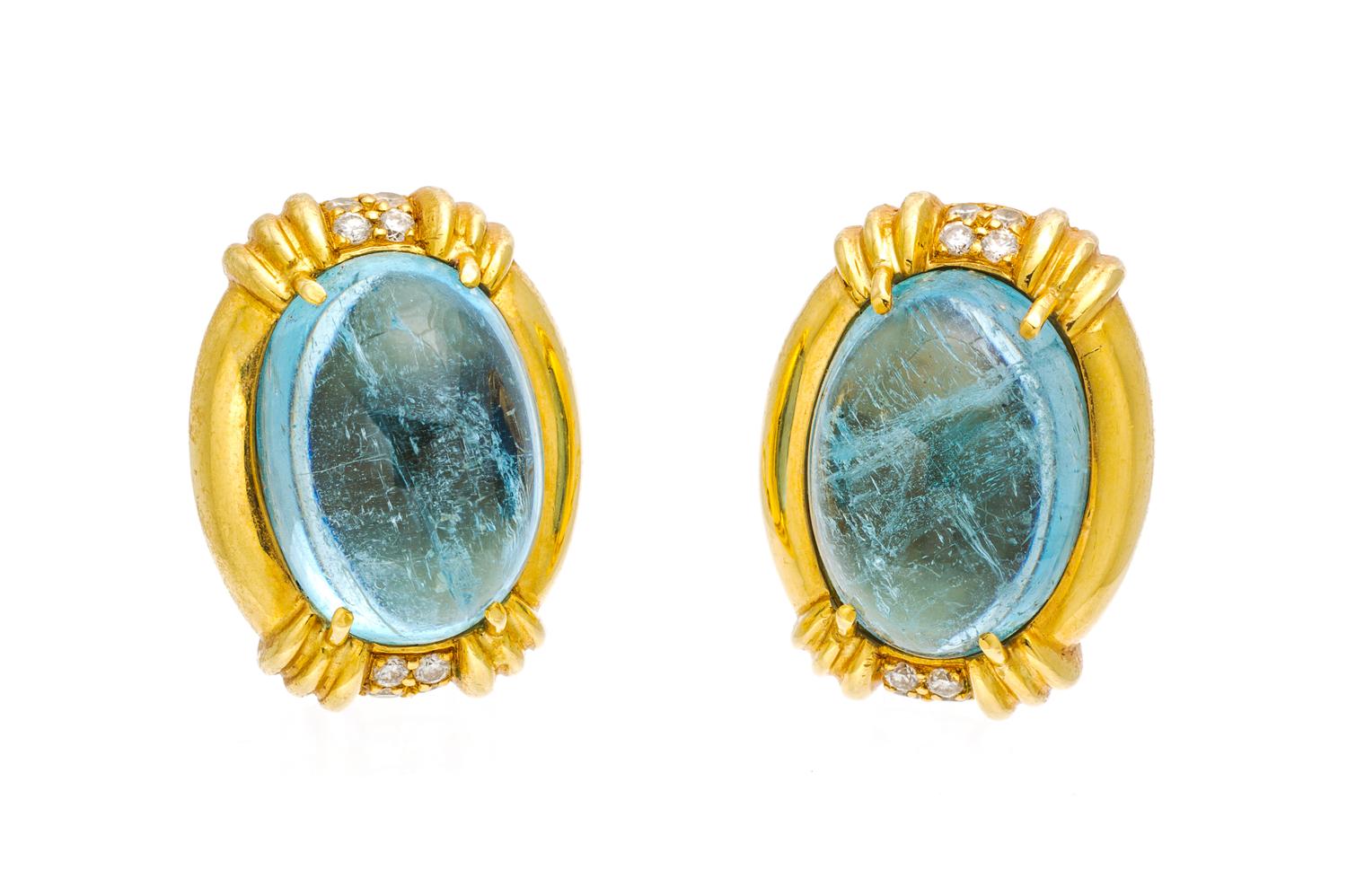 A Pair of 18 Karat Yellow Gold, Aquamarine and Diamond Earclips, Gump's, 16.90 dwts.