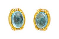 A Pair of 18 Karat Yellow Gold, Aquamarine and Diamond Earclips, Gump's, 16.90 dwts.