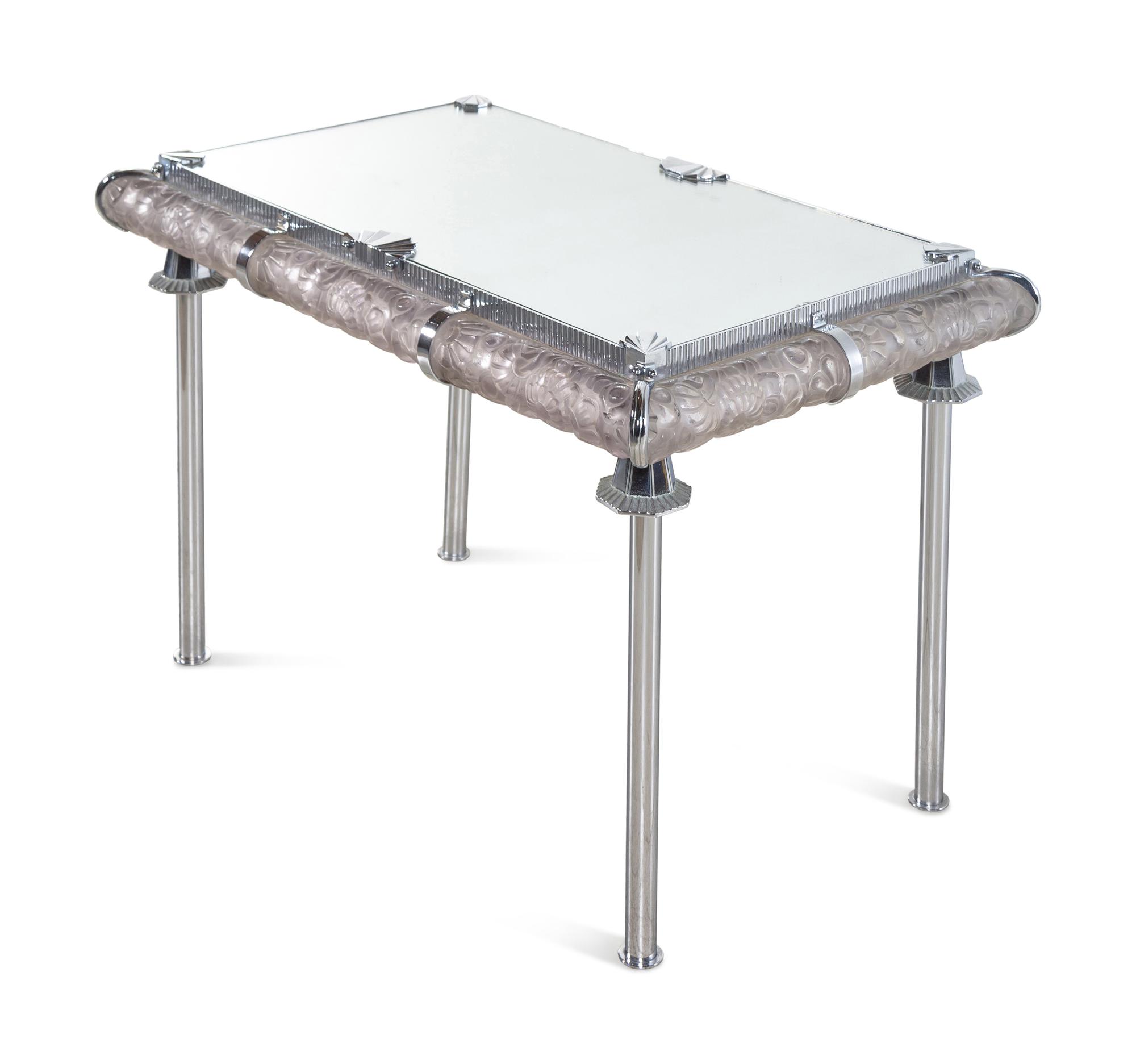 An Art Deco Style Frosted Glass, Mirror and Chrome Side Table