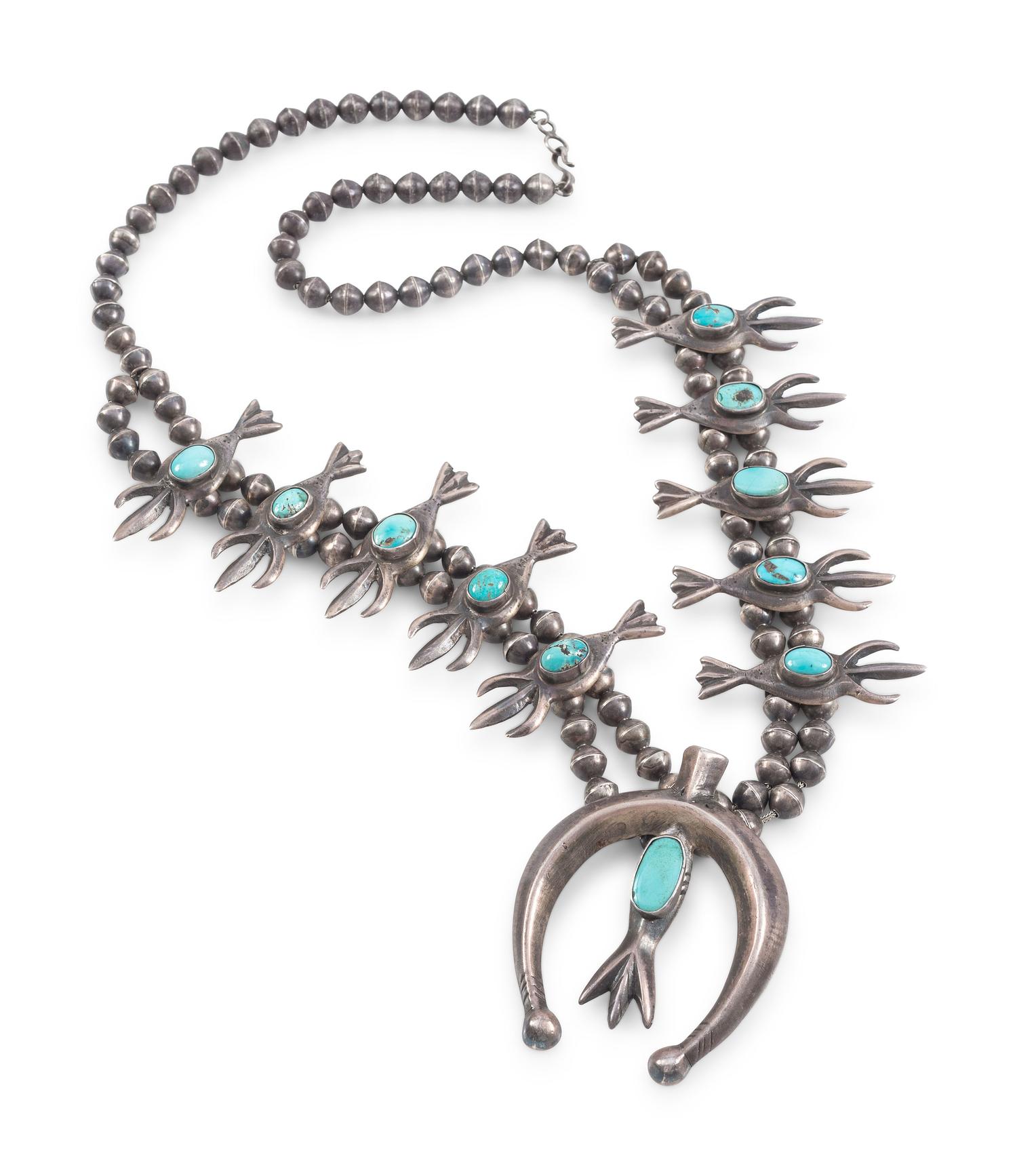 Navajo Sandcast Silver and Turquoise Squash Blossom Necklace