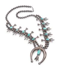 Navajo Sandcast Silver and Turquoise Squash Blossom Necklace