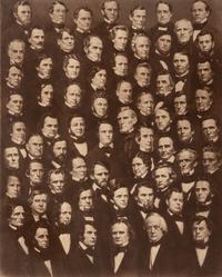 [CIVIL WAR]. [BRADY, Mathew (1822-1896), photographer, after]. Composite image showing members of the US Senate in 1859 with accompanying key identifying the subjects.