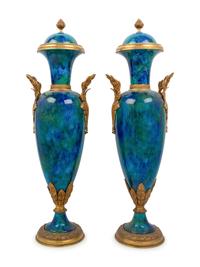 A Pair of Sèvres Style Gilt Bronze Mounted Flambe Glazed Urns