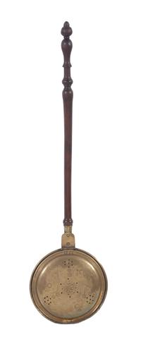 An English Engraved Brass and Turned Walnut Bed Warmer