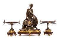 A French Rouge Marble, Gilt and Patinated Bronze Three-Piece Clock Garniture, retailed by H. Pallenberg, Cologne, Height of clock 26 in