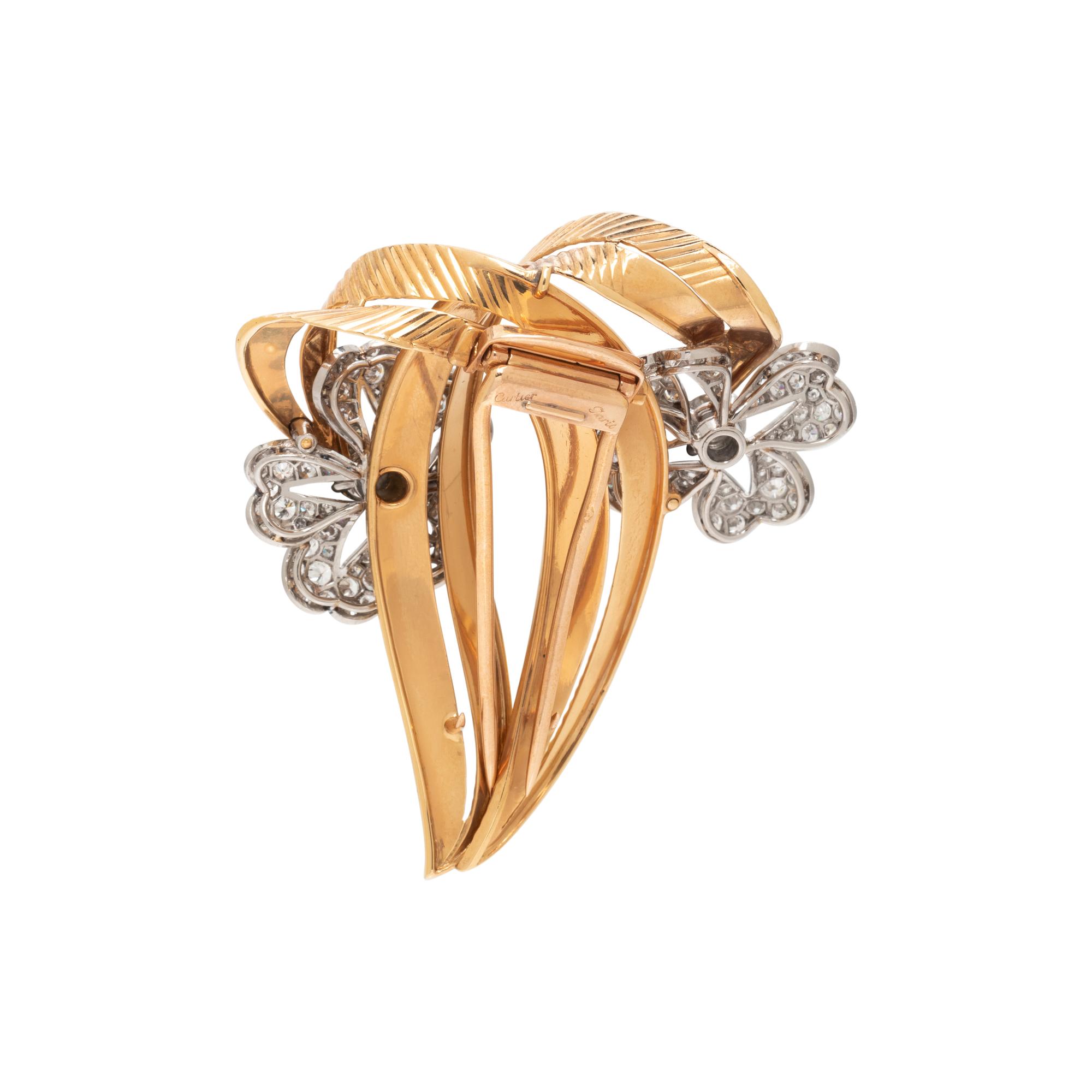 CARTIER, RETRO, YELLOW GOLD, PLATINUM AND DIAMOND BROOCH