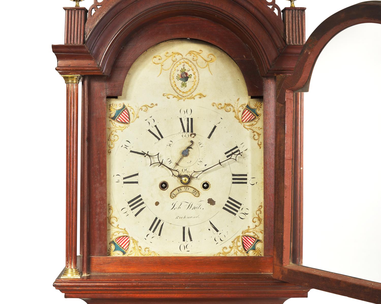 A Federal mahogany tall case clock, dial signed "Job White, Richmond," made in Massachusetts, marketed in Virginia, circa 1810