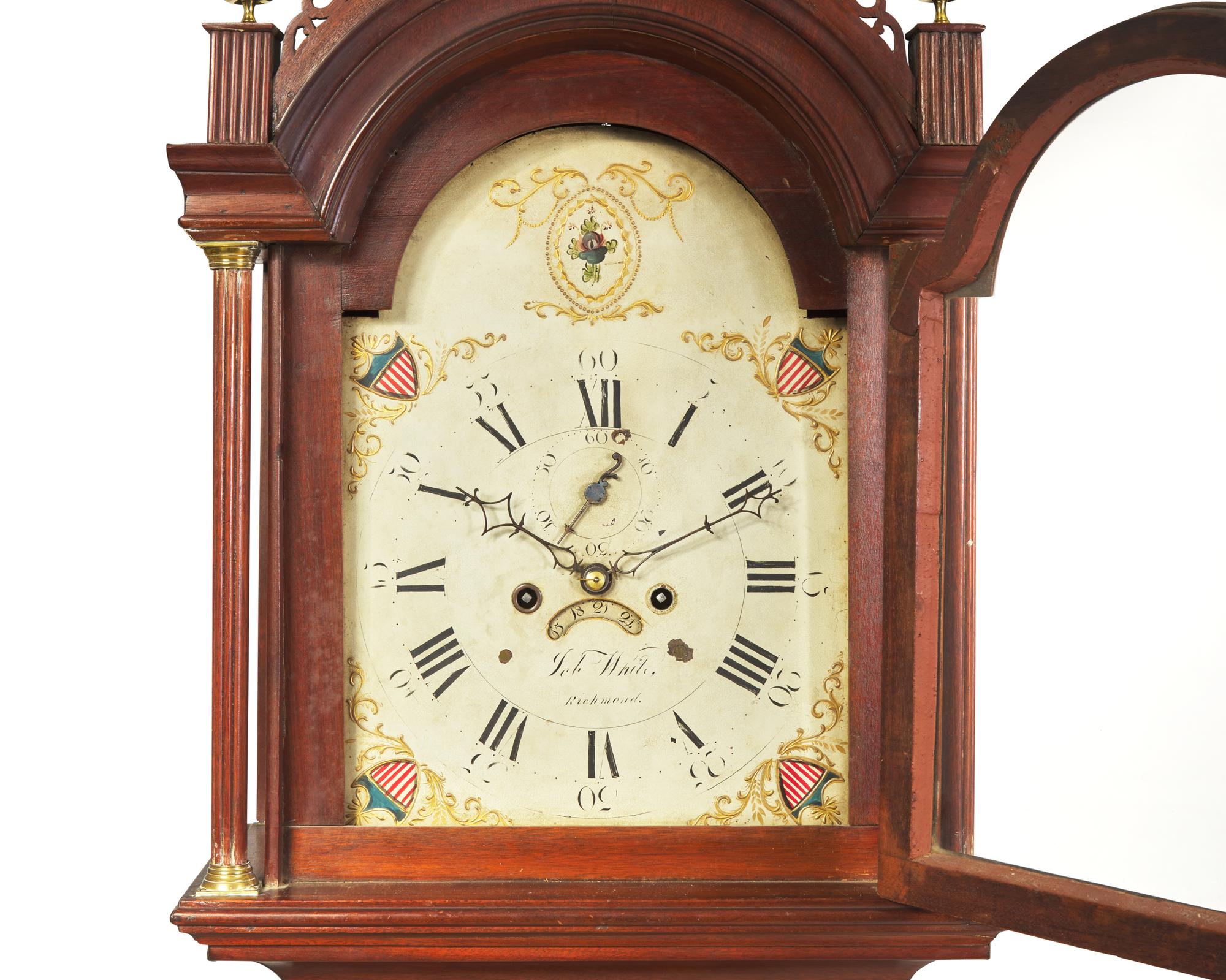 A Federal mahogany tall case clock, dial signed "Job White, Richmond," made in Massachusetts, marketed in Virginia, circa 1810