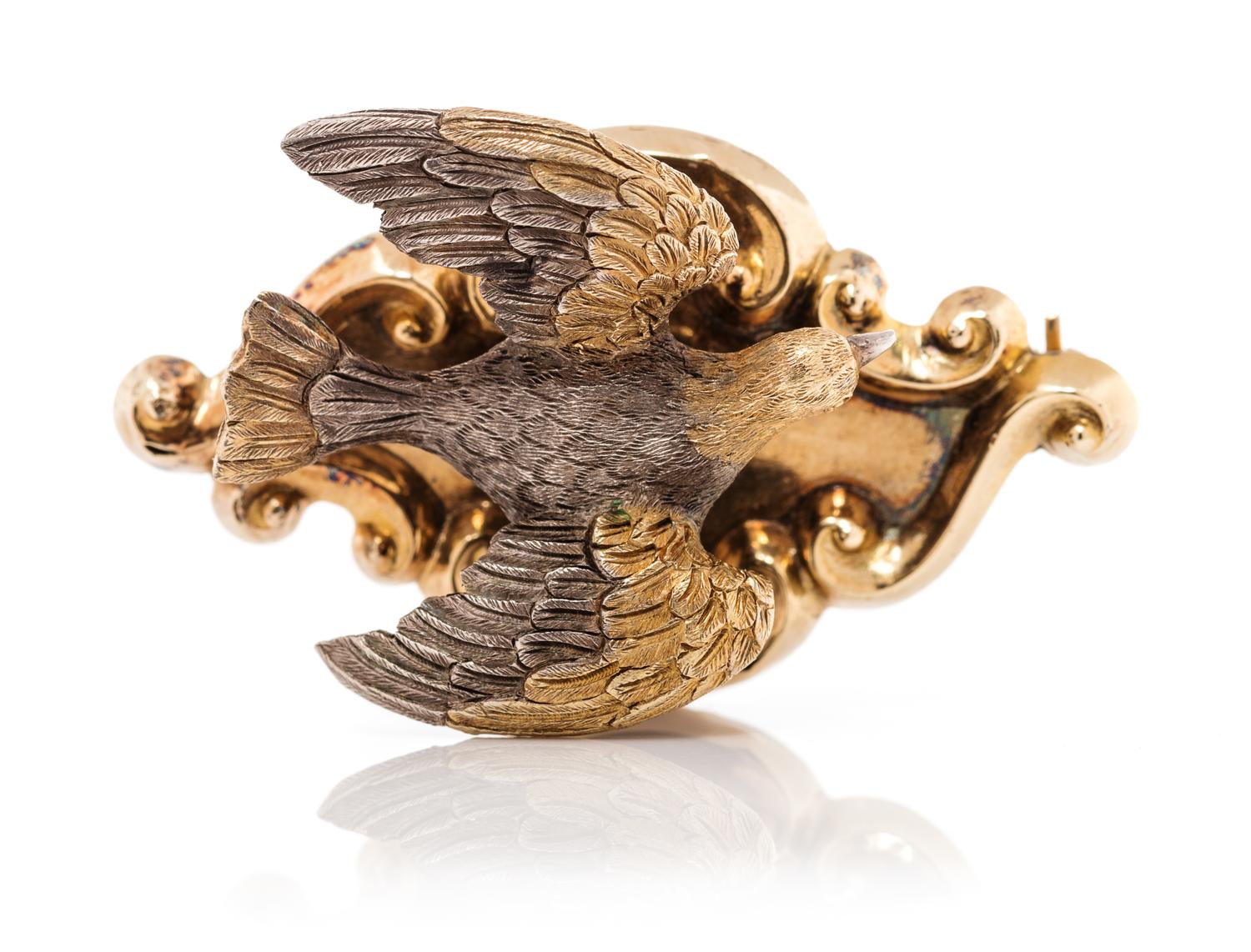 A Victorian Yellow Gold and Silver En Tremblant Bird Motif Mourning Brooch, 8.00 dwts.