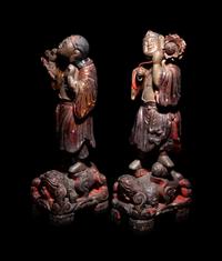 Two Chinese Painted Wood Figures of Immortals