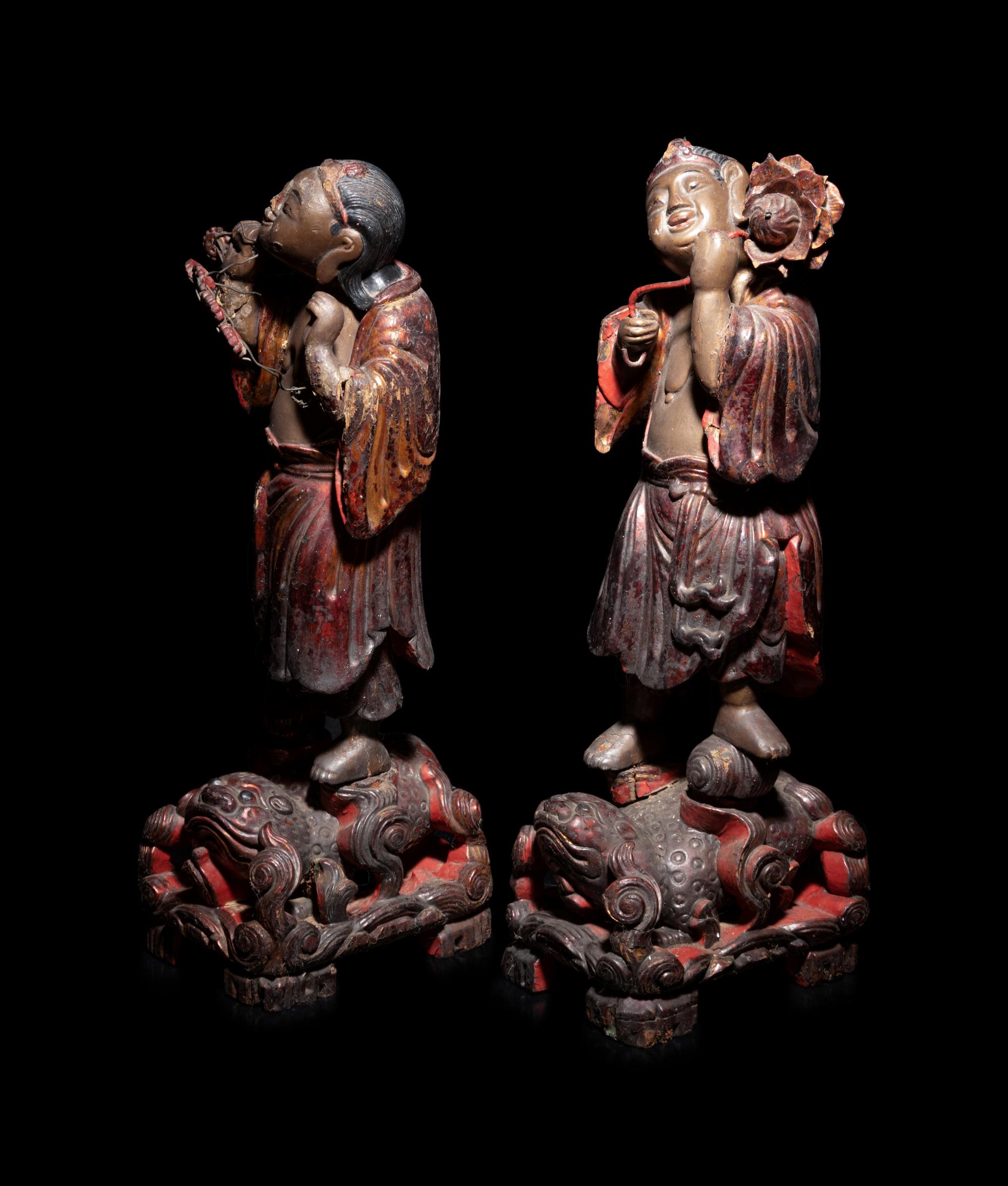 Two Chinese Painted Wood Figures of Immortals