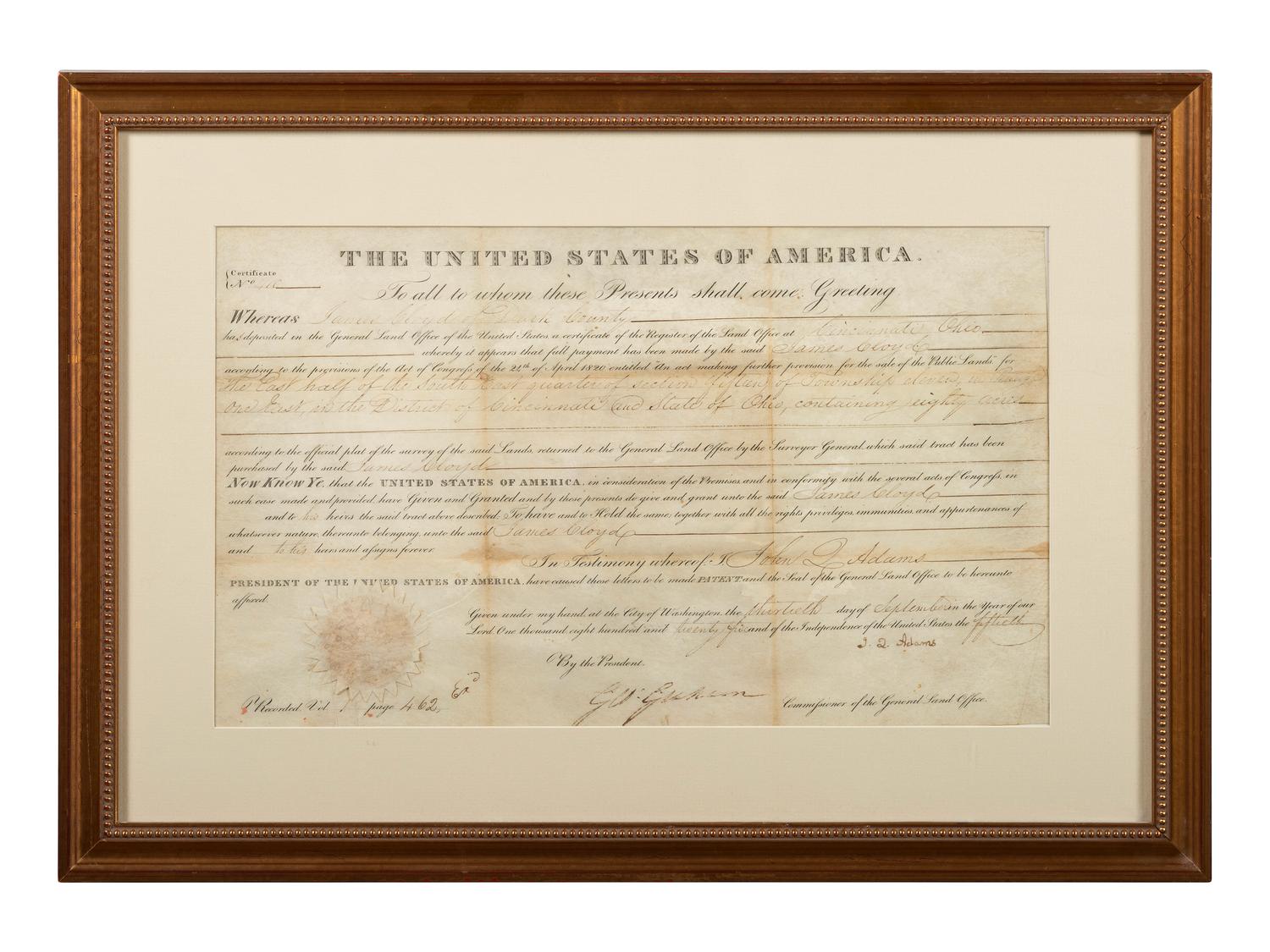 ADAMS, John Quincy (1767-1848). Partly-printed land document signed "(J.Q. Adams"). [Washignton, D.C.], 13 September 1825.