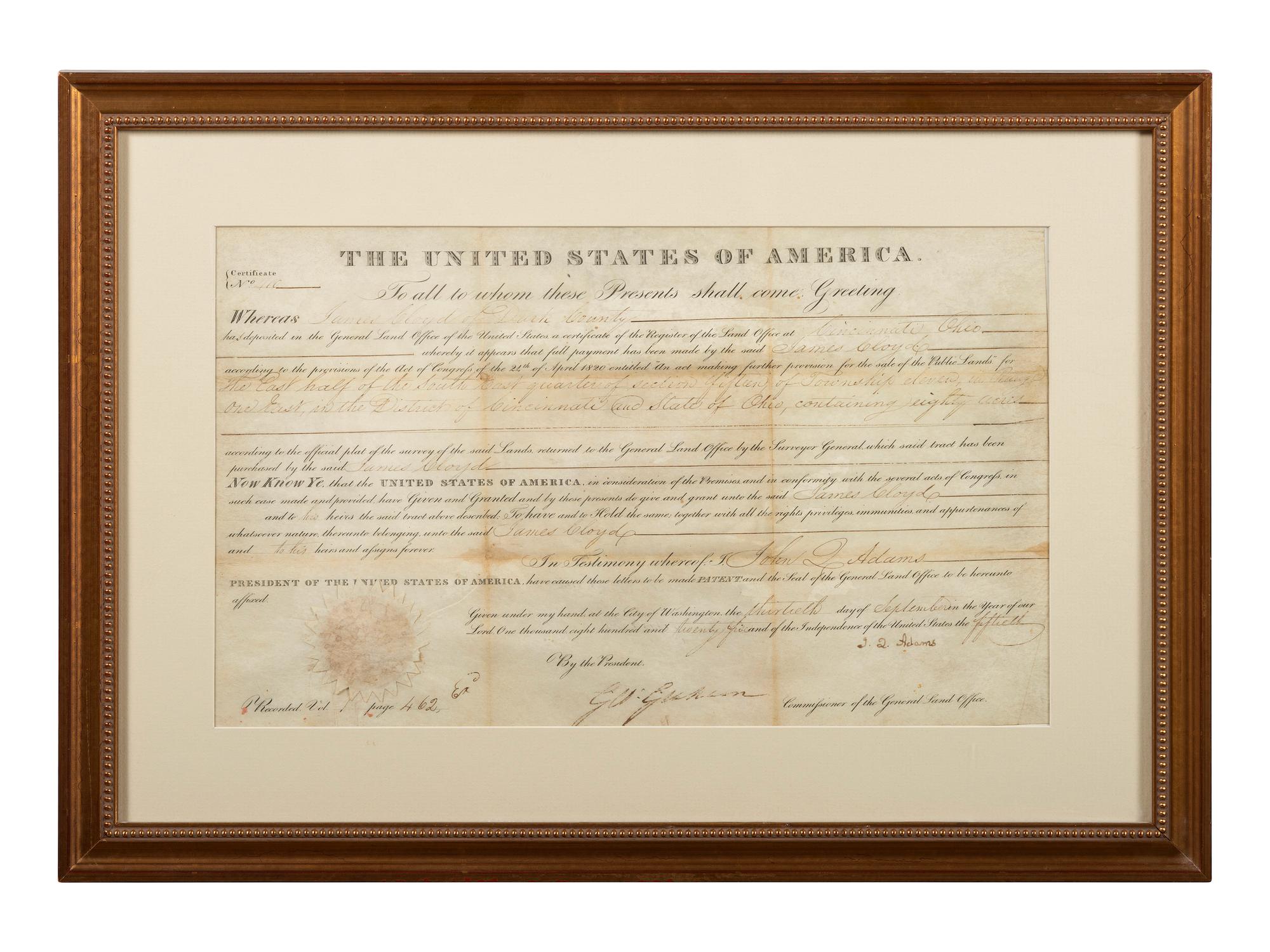 ADAMS, John Quincy (1767-1848). Partly-printed land document signed "(J.Q. Adams"). [Washignton, D.C.], 13 September 1825.