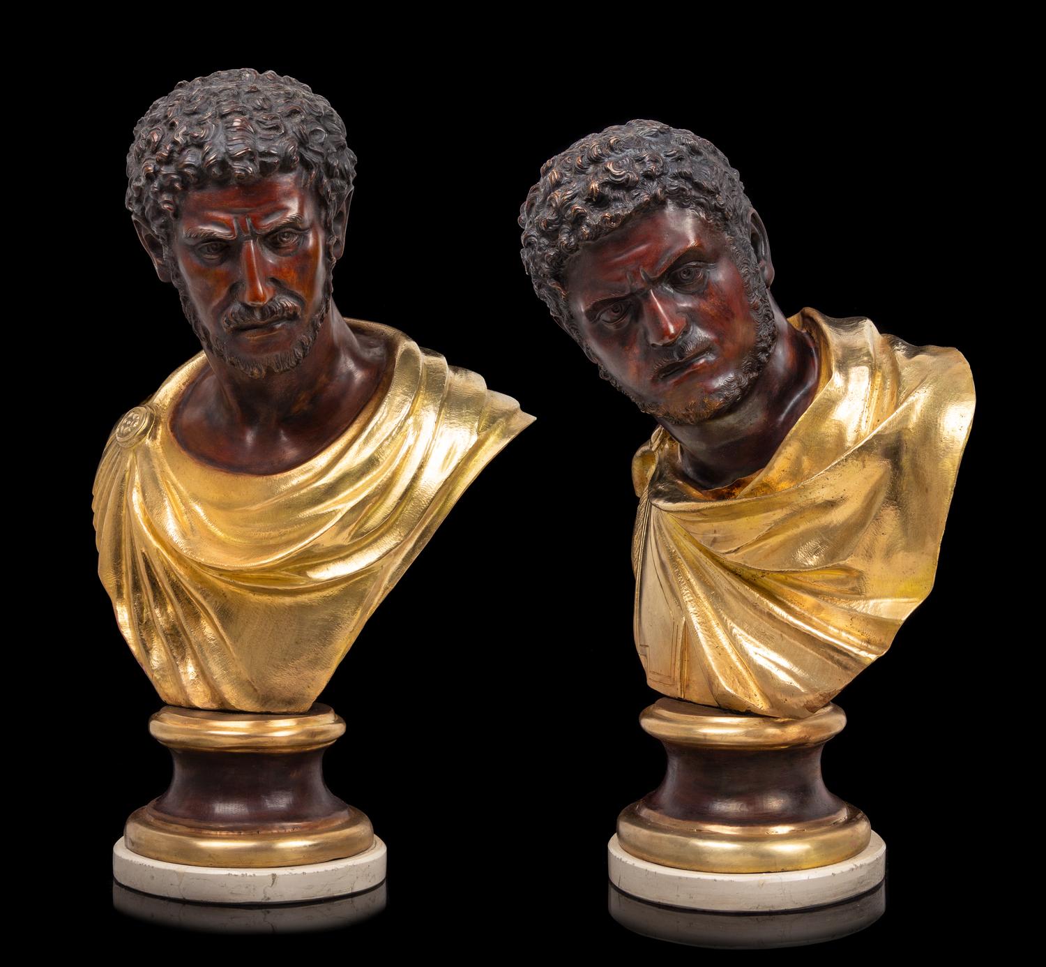 A Pair of Continental Bronze Busts of Roman Officials Height of taller 27 1/2 inches. — AFTER THE ANTIQUE, 19TH CENTURY