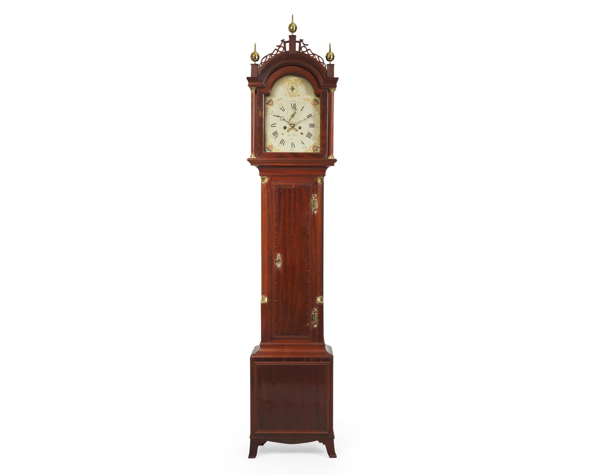 A Federal mahogany tall case clock, dial signed "Job White, Richmond," made in Massachusetts, marketed in Virginia, circa 1810