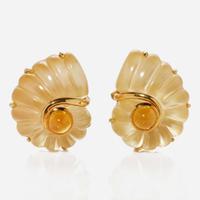 18K Yellow Gold, Rock Crystal, and Topaz Ear clips by Trianon Nautilus