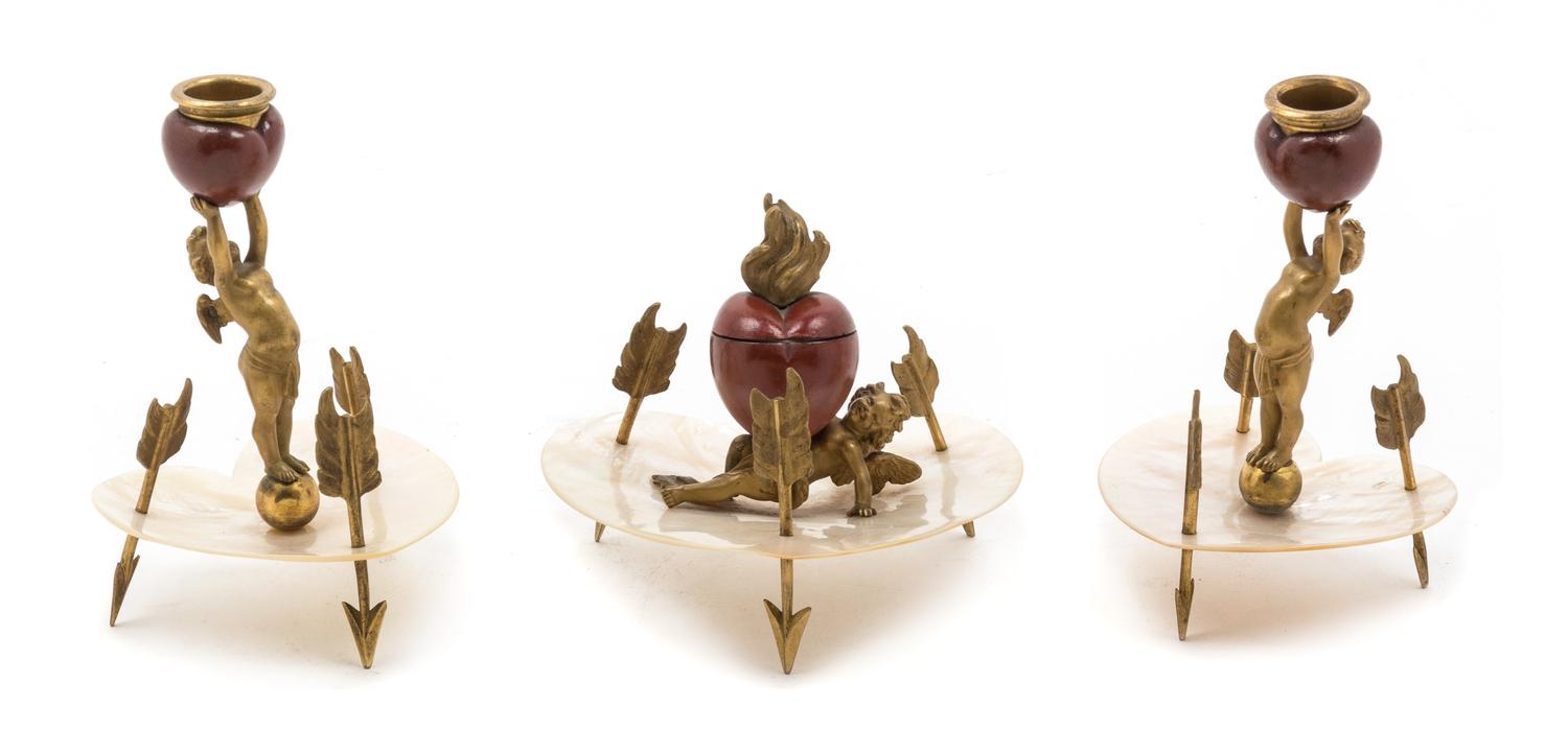 A Louis XVI Style Polychromed Bronze and Mother-of-Pearl Writing Set Height of candlestick 6 1/4 inches. — LATE 19TH CENTURY