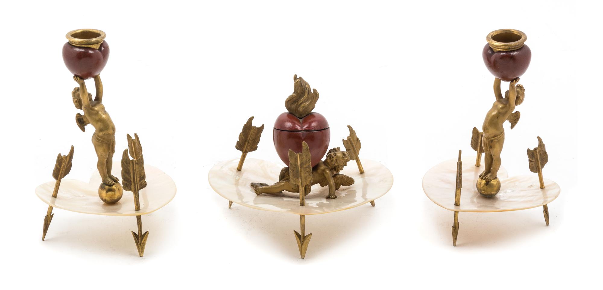 A Louis XVI Style Polychromed Bronze and Mother-of-Pearl Writing Set Height of candlestick 6 1/4 inches. — LATE 19TH CENTURY