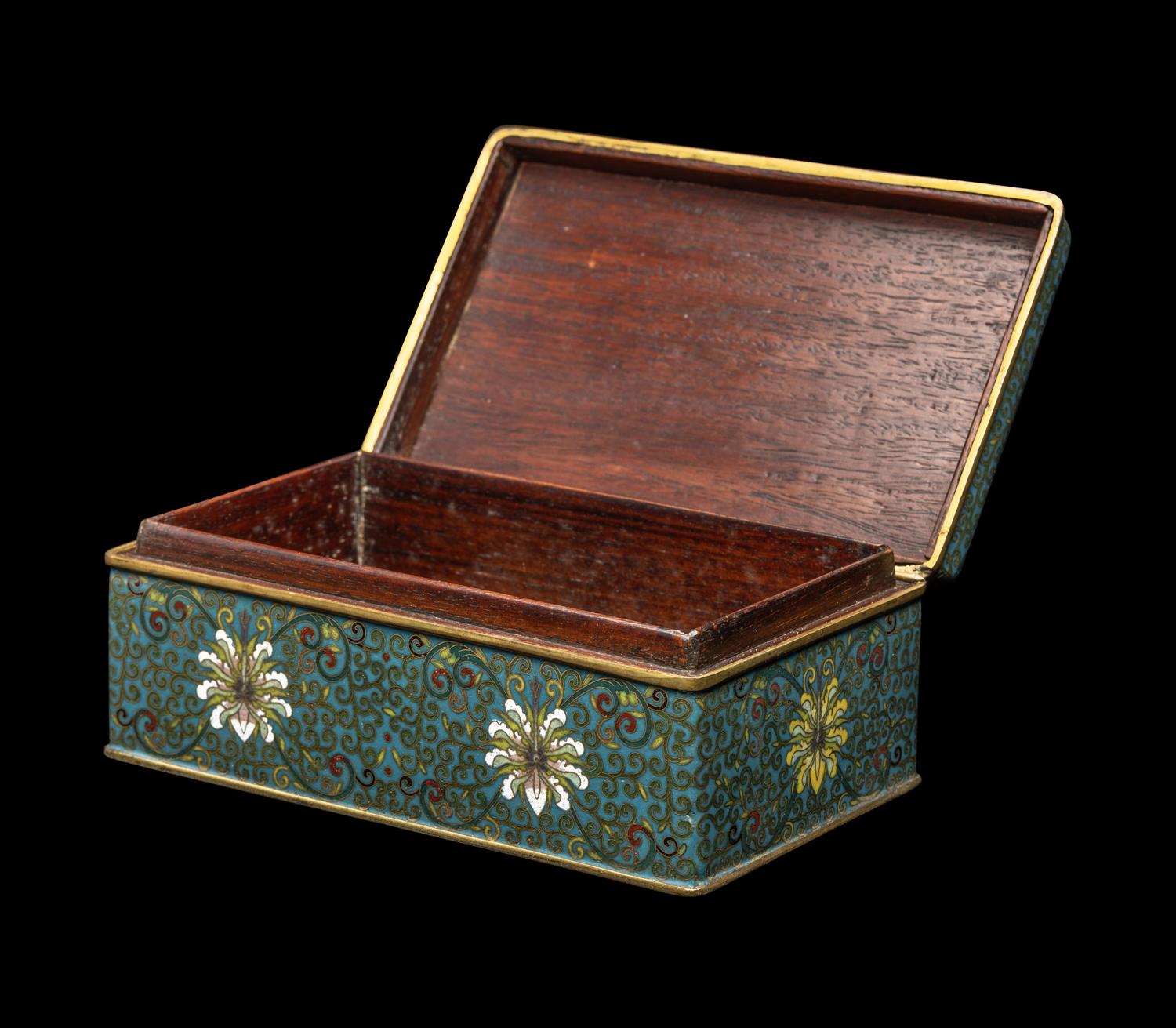 A Chinese Hongmu Lined Cloisonné Enamel Rectangular Covered Box, Late Qing/Republic Period 晚清/民國 ‘老天利製’黃花梨包鑲西番蓮紋掐絲琺琅拜匣
