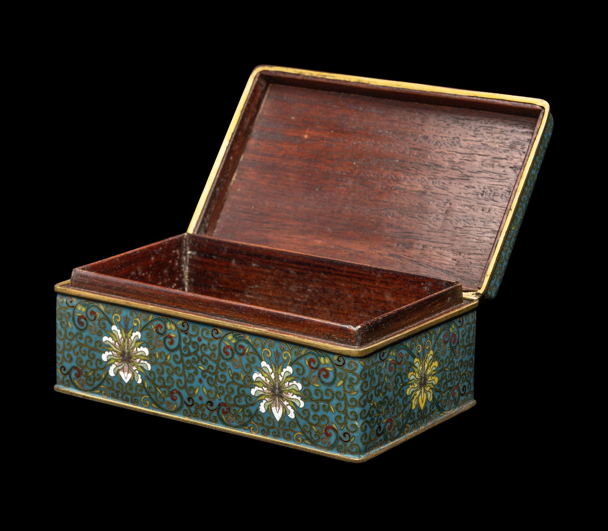 A Chinese Hongmu Lined Cloisonné Enamel Rectangular Covered Box, Late Qing/Republic Period 晚清/民國 ‘老天利製’黃花梨包鑲西番蓮紋掐絲琺琅拜匣