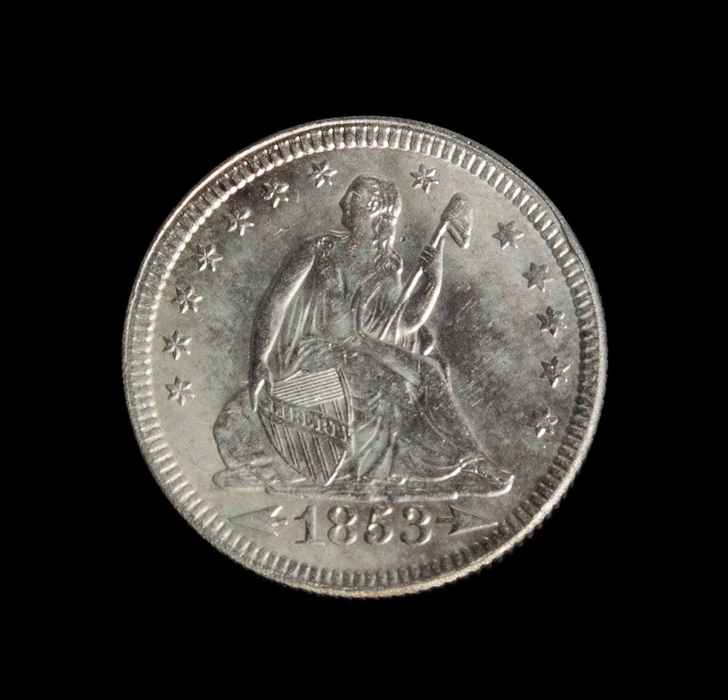 A United States 1853 Seated Liberty Quarter-Dollar Coin