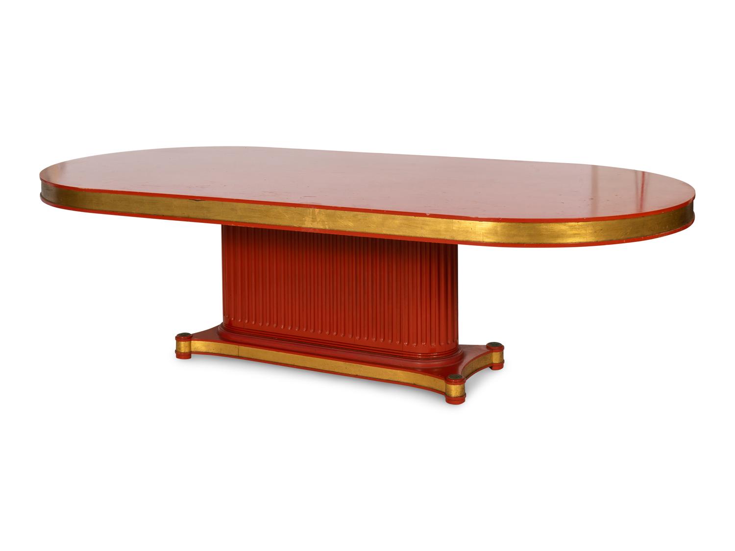 An Art Deco Style Parcel Gilt Blaze-Orange Painted Pedestal Table