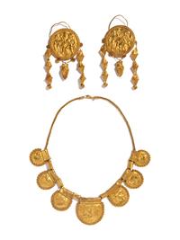 An Etruscan Revival Gold Collar Necklace with a Pair of Etruscan Revival Gold Ear Pendants