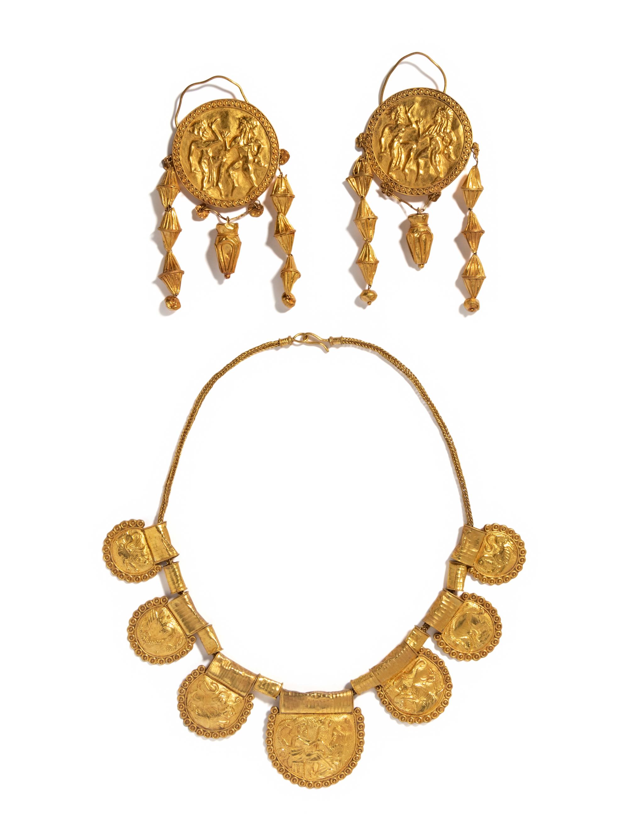 An Etruscan Revival Gold Collar Necklace with a Pair of Etruscan Revival Gold Ear Pendants