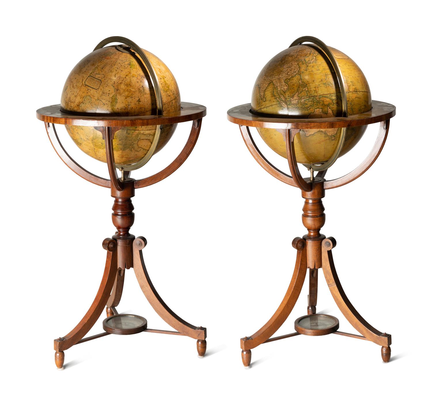 A Pair of Regency Mahogany Terrestrial and Celestial Fifteen-Inch Library Globes
