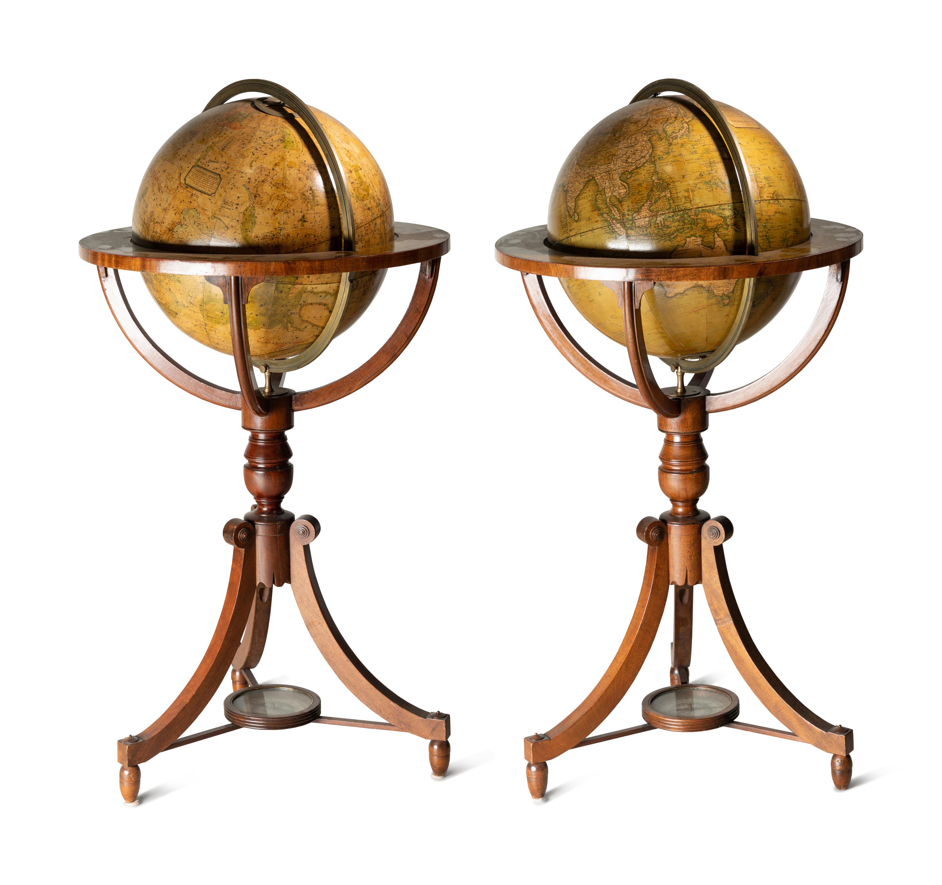 A Pair of Regency Mahogany Terrestrial and Celestial Fifteen-Inch Library Globes