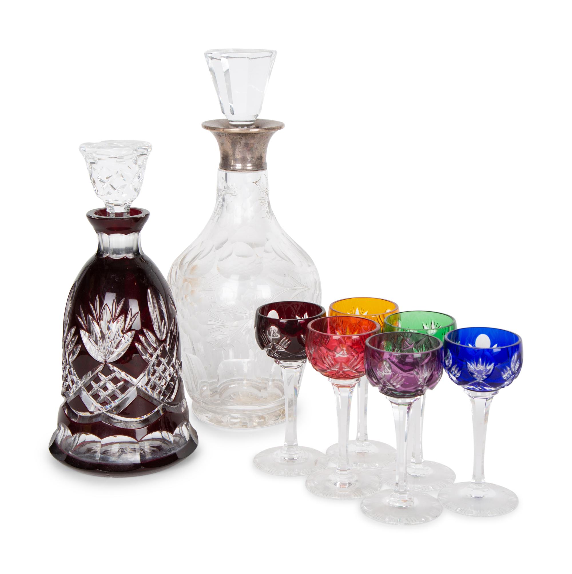 A Set of Six Cut-to-Clear Glass Cordials and a Cut-to-Clear Glass Decanter